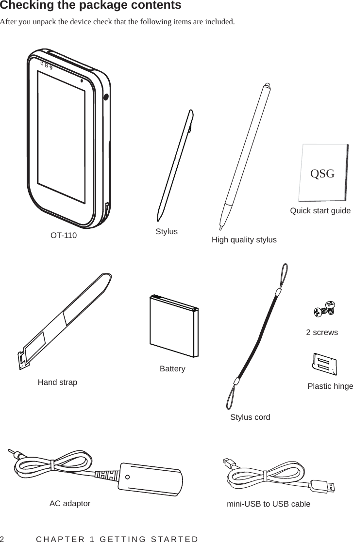 2  CHAPTER 1 GETTING STARTEDChecking the package contents After you unpack the device check that the following items are included.OT-110 StylusBatteryHigh quality stylusStylus cord2 screwsPlastic hingeHand strapAC adaptorQuick start guidemini-USB to USB cableQSG