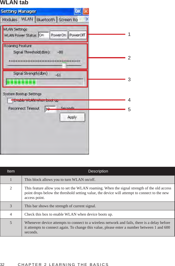 32  CHAPTER 2 LEARNING THE BASICSWLAN tab12345Item Description1 This block allows you to turn WLAN on/off.2 This feature allow you to set the WLAN roaming. When the signal strength of the old access point drops below the threshold setting value, the device will attempt to connect to the new access point. 3 This bar shows the strength of current signal.4 Check this box to enable WLAN when device boots up.5 Whenever device attempts to connect to a wireless network and fails, there is a delay before it attempts to connect again. To change this value, please enter a number between 1 and 600 seconds. 