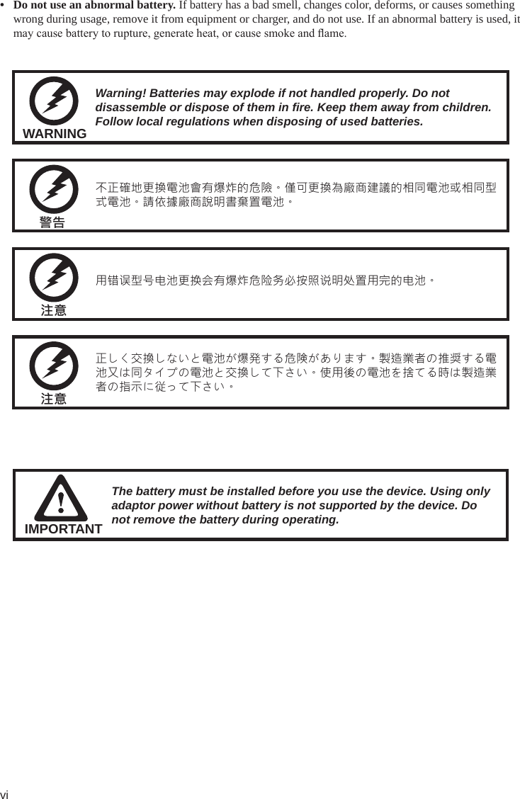 vi• Do not use an abnormal battery. If battery has a bad smell, changes color, deforms, or causes something wrong during usage, remove it from equipment or charger, and do not use. If an abnormal battery is used, it may cause battery to rupture, generate heat, or cause smoke and ame. WARNINGWarning! Batteries may explode if not handled properly. Do not disassemble or dispose of them in fire. Keep them away from children. Follow local regulations when disposing of used batteries.警告不正確地更換電池會有爆炸的危險。僅可更換為廠商建議的相同電池或相同型式電池。請依據廠商說明書棄置電池。注意用错误型号电池更换会有爆炸危险务必按照说明处置用完的电池。注意正しく交換しないと電池が爆発する危険があります。製造業者の推奨する電池又は同タイプの電池と交換して下さい。使用後の電池を捨てる時は製造業者の指示に従って下さい。IMPORTANTThe battery must be installed before you use the device. Using only adaptor power without battery is not supported by the device. Do not remove the battery during operating.