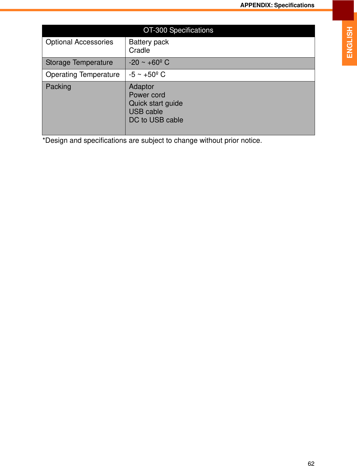   ENGLISH APPENDIX: Specifications    OT-300 Specifications Optional Accessories Battery pack Cradle Storage Temperature -20 ~ +60º C Operating Temperature -5 ~ +50º C Packing Adaptor Power cord Quick start guide USB cable DC to USB cable *Design and specifications are subject to change without prior notice.                                                      62 