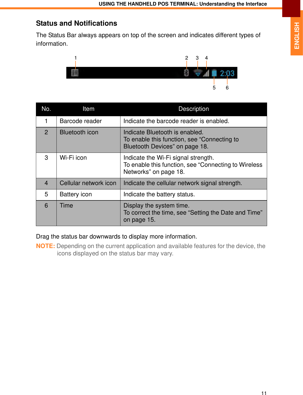 USING THE HANDHELD POS TERMINAL: Understanding the Interface11ENGLISHStatus and NotificationsThe Status Bar always appears on top of the screen and indicates different types of information.Drag the status bar downwards to display more information.NOTE: Depending on the current application and available features for the device, the icons displayed on the status bar may vary.No. Item Description1 Barcode reader Indicate the barcode reader is enabled.2Bluetooth icon Indicate Bluetooth is enabled. To enable this function, see “Connecting to Bluetooth Devices” on page 18.3 Wi-Fi icon Indicate the Wi-Fi signal strength. To enable this function, see “Connecting to Wireless Networks” on page 18.4Cellular network icon Indicate the cellular network signal strength.5 Battery icon Indicate the battery status.6Time Display the system time. To correct the time, see “Setting the Date and Time” on page 15.253 416