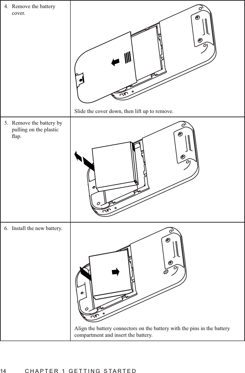 14  CHAPTER 1 GETTING STARTED4.  Remove the battery cover. Slide the cover down, then lift up to remove.5.  Remove the battery by pulling on the plastic 6.  Install the new battery.Align the battery connectors on the battery with the pins in the battery compartment and insert the battery.
