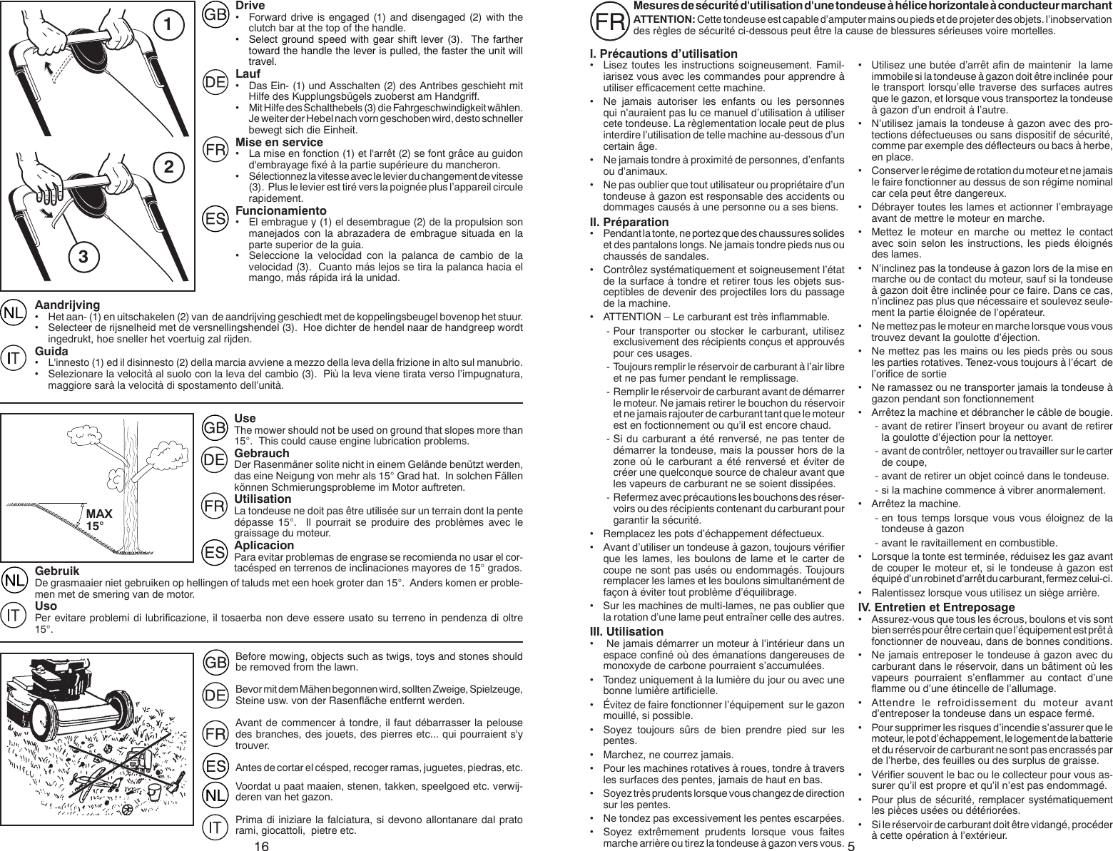 Page 5 of 10 - Partner-Tech Partner-Tech-Pp53-875Dwa-Users-Manual- OM, Partner, PP53-875 DWA, 96141017100, 2008-03, Lawn Mower, EN, DE, FR, ES, IT, NL  Partner-tech-pp53-875dwa-users-manual