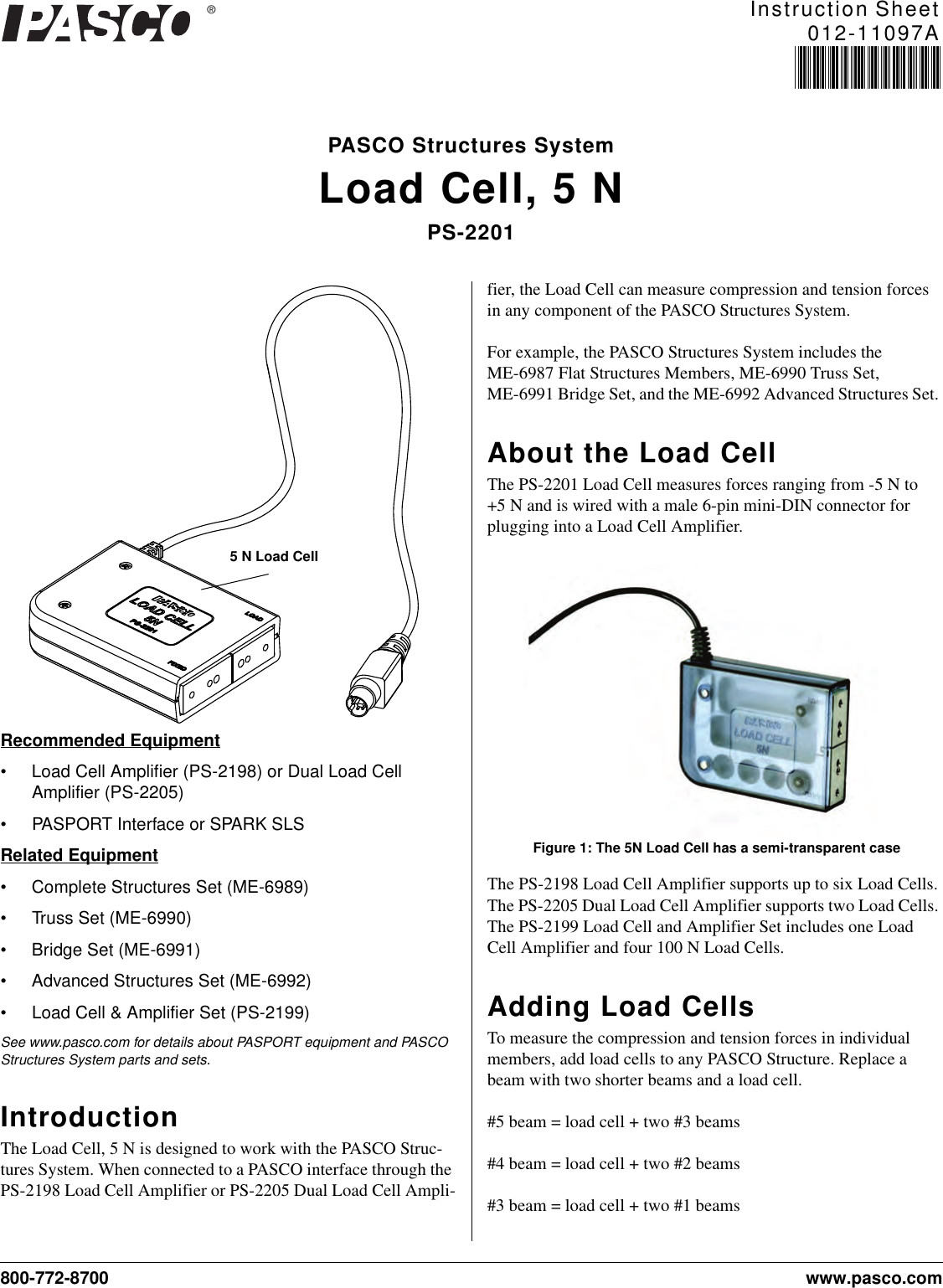 Page 1 of 3 - Pasco-Specialty-And-Mfg Pasco-Specialty-And-Mfg-Load-Cell-5-N-Ps-2201-Users-Manual- 012-11097A  Pasco-specialty-and-mfg-load-cell-5-n-ps-2201-users-manual