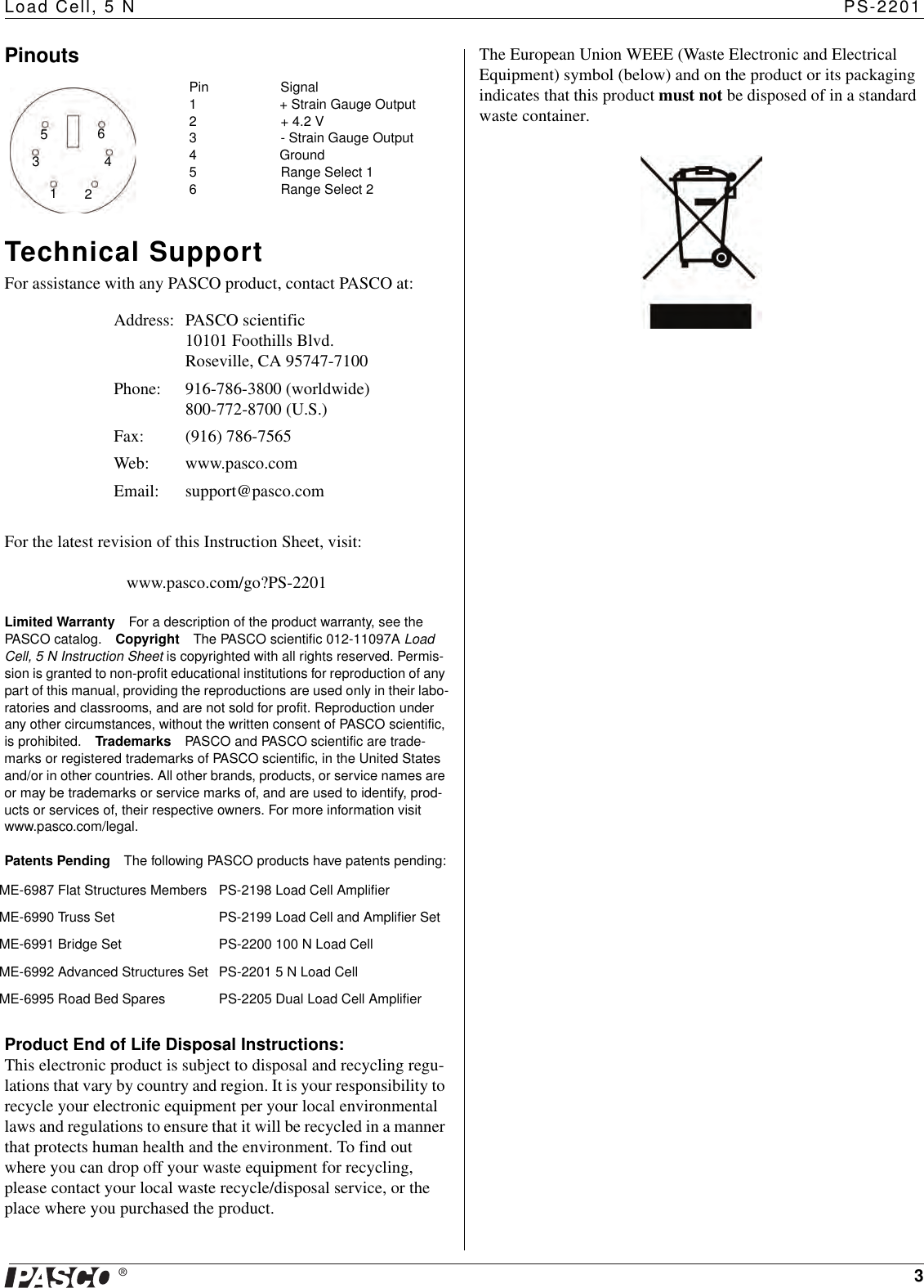 Page 3 of 3 - Pasco-Specialty-And-Mfg Pasco-Specialty-And-Mfg-Load-Cell-5-N-Ps-2201-Users-Manual- 012-11097A  Pasco-specialty-and-mfg-load-cell-5-n-ps-2201-users-manual