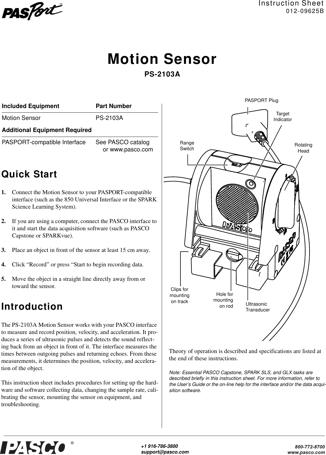 Page 1 of 5 - Pasco-Specialty-And-Mfg Pasco-Specialty-And-Mfg-Motion-Sensor-Ps-2103A-Users-Manual- 012-09625B PS-2103A INST SHT  Pasco-specialty-and-mfg-motion-sensor-ps-2103a-users-manual