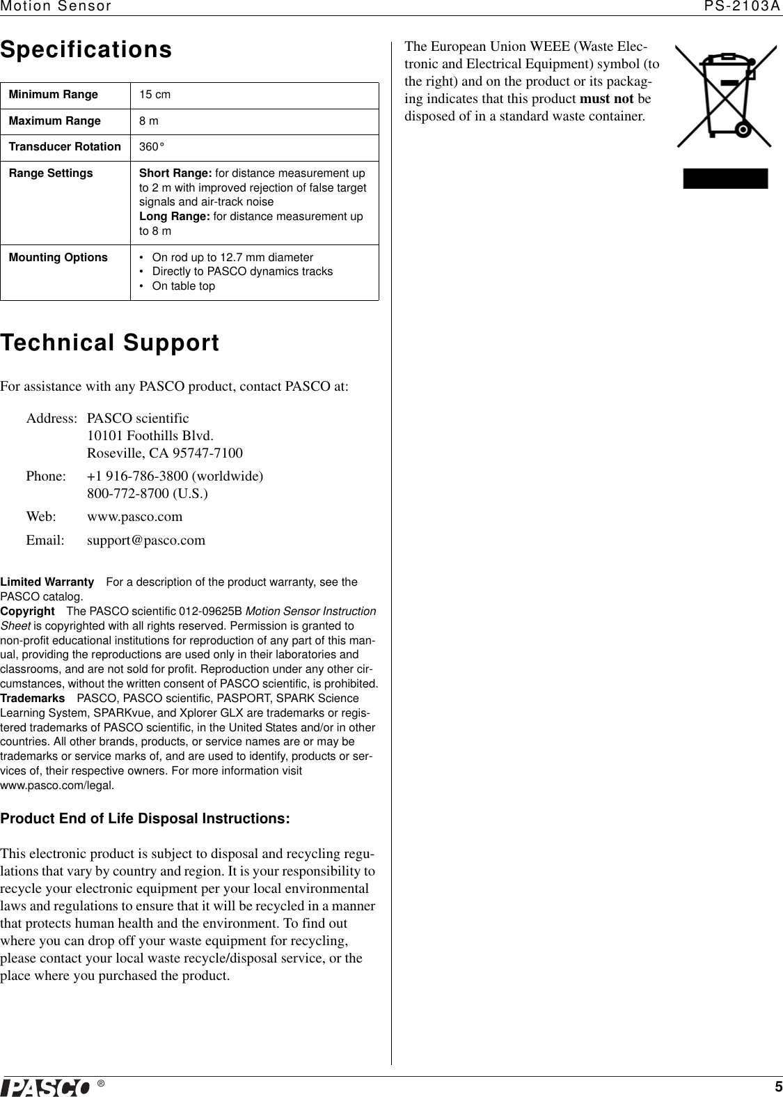 Page 5 of 5 - Pasco-Specialty-And-Mfg Pasco-Specialty-And-Mfg-Motion-Sensor-Ps-2103A-Users-Manual- 012-09625B PS-2103A INST SHT  Pasco-specialty-and-mfg-motion-sensor-ps-2103a-users-manual