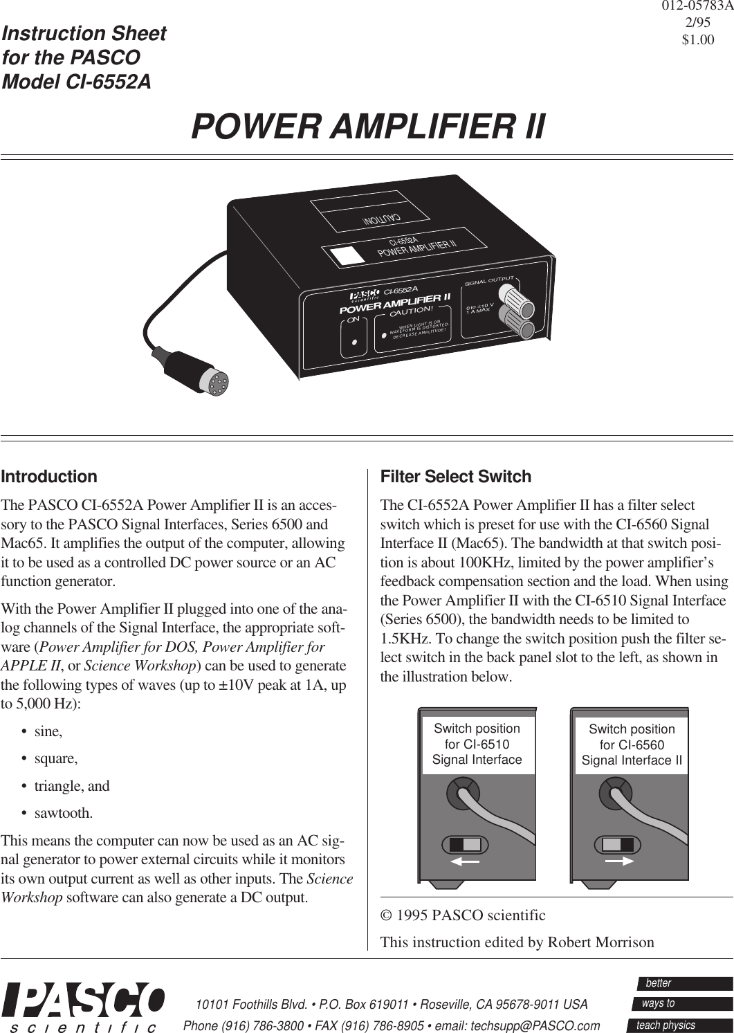 Page 1 of 2 - Pasco-Specialty-And-Mfg Pasco-Specialty-And-Mfg-Power-Amplifier-Ii-Ci-6552A-Users-Manual- 012-05783A.pm5  Pasco-specialty-and-mfg-power-amplifier-ii-ci-6552a-users-manual