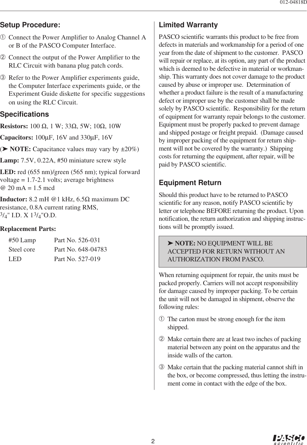 Page 2 of 2 - Pasco-Specialty-And-Mfg Pasco-Specialty-And-Mfg-Rlc-Circuit-Ci-6512-Users-Manual- 012-04818d  Pasco-specialty-and-mfg-rlc-circuit-ci-6512-users-manual