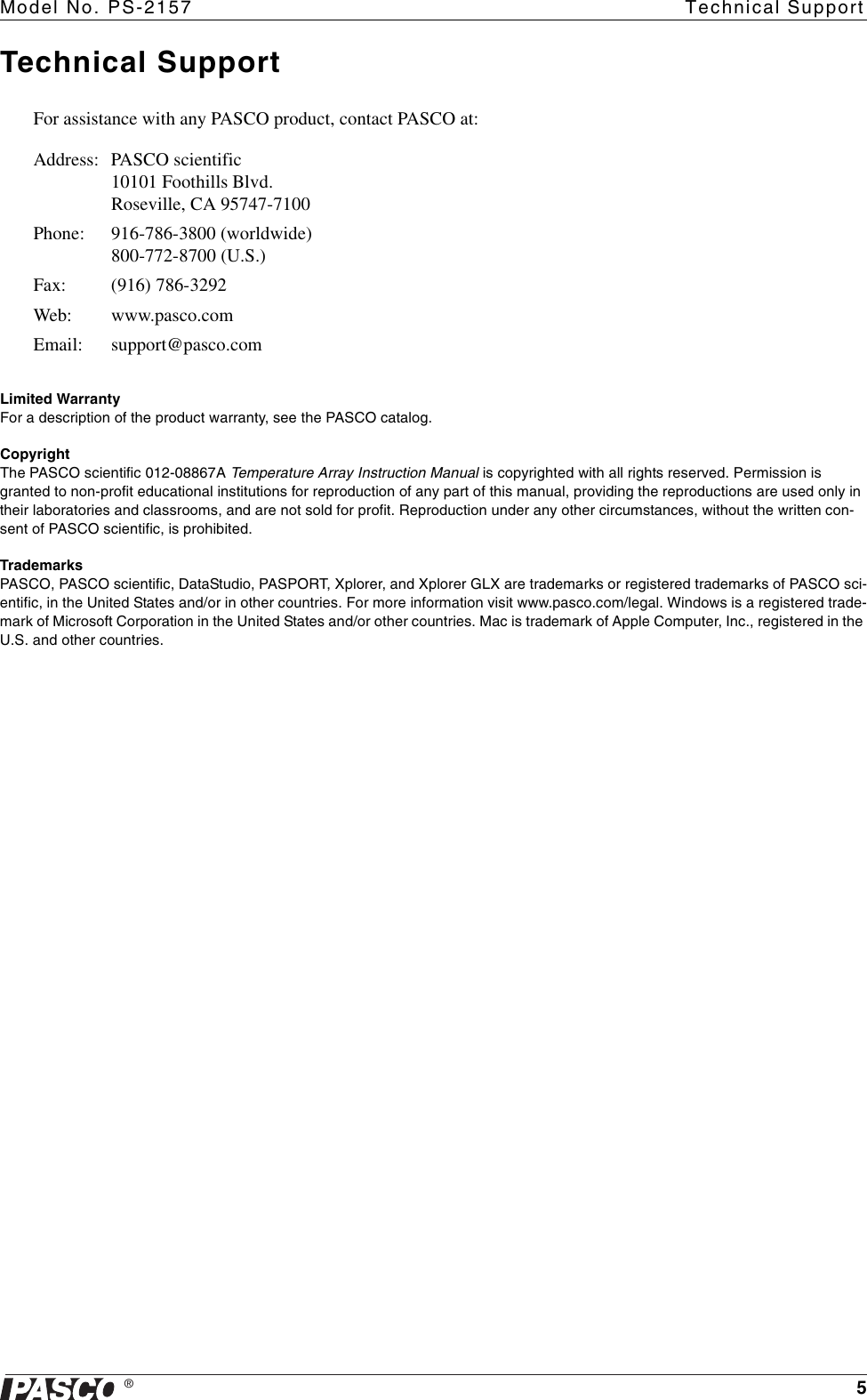 Page 5 of 5 - Pasco-Specialty-And-Mfg Pasco-Specialty-And-Mfg-Temperature-Array-Ps-2157-Users-Manual- 012-08867A  Pasco-specialty-and-mfg-temperature-array-ps-2157-users-manual