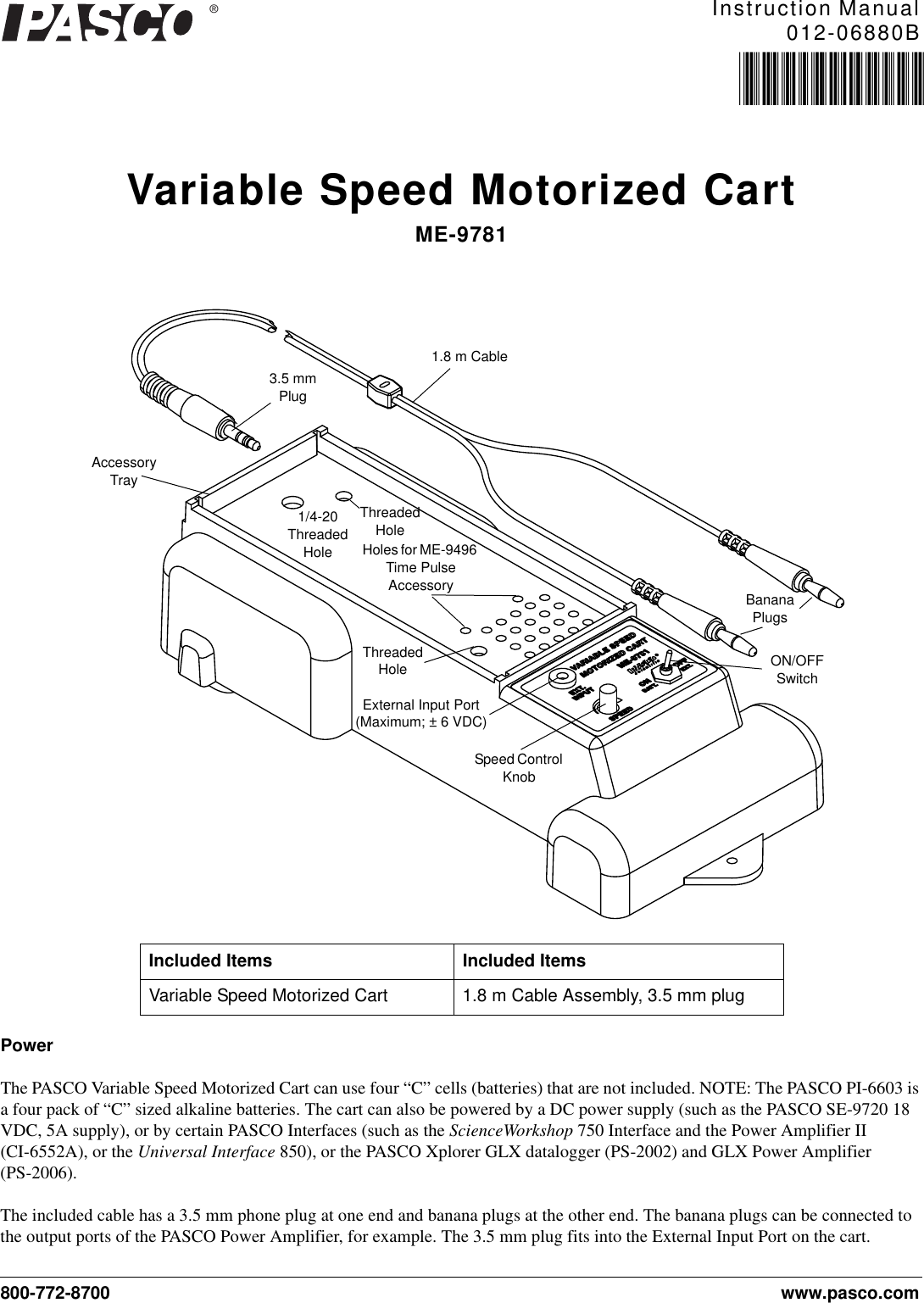 Page 1 of 7 - Pasco-Specialty-And-Mfg Pasco-Specialty-And-Mfg-Variable-Speed-Motorized-Cart-Me-9871-Users-Manual- 012-06880B ME-9781_TXT  Pasco-specialty-and-mfg-variable-speed-motorized-cart-me-9871-users-manual