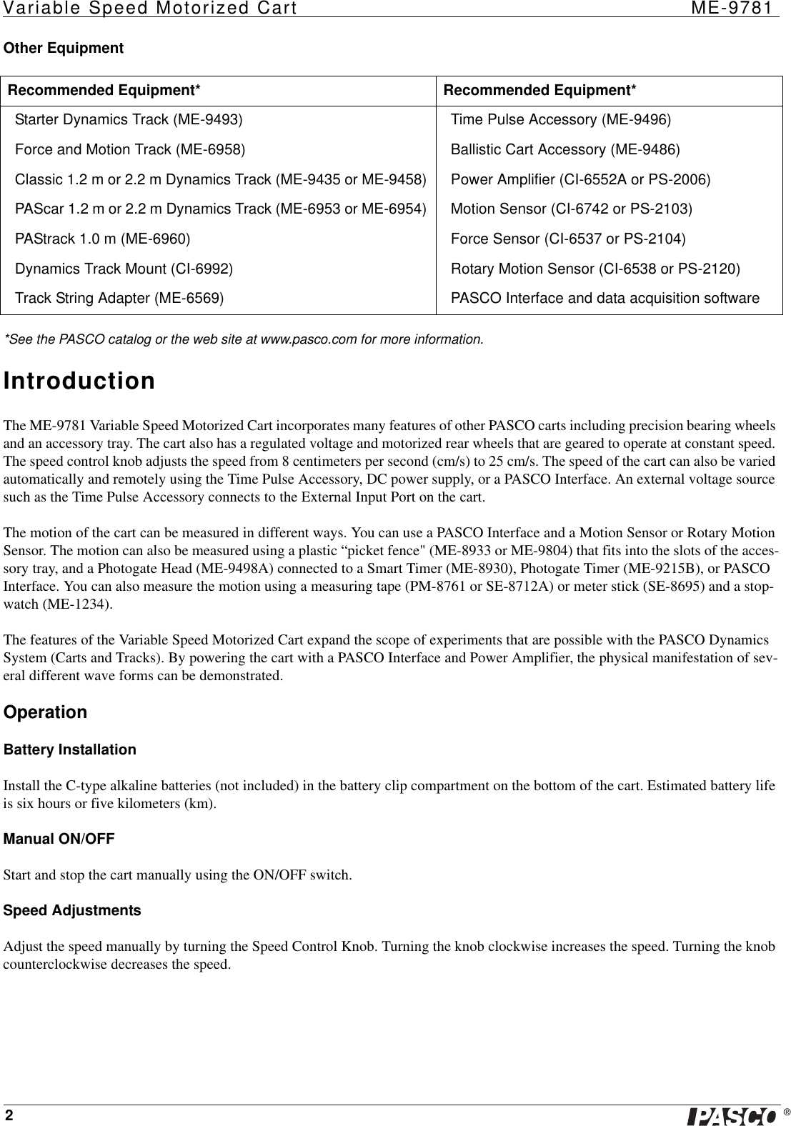 Page 2 of 7 - Pasco-Specialty-And-Mfg Pasco-Specialty-And-Mfg-Variable-Speed-Motorized-Cart-Me-9871-Users-Manual- 012-06880B ME-9781_TXT  Pasco-specialty-and-mfg-variable-speed-motorized-cart-me-9871-users-manual