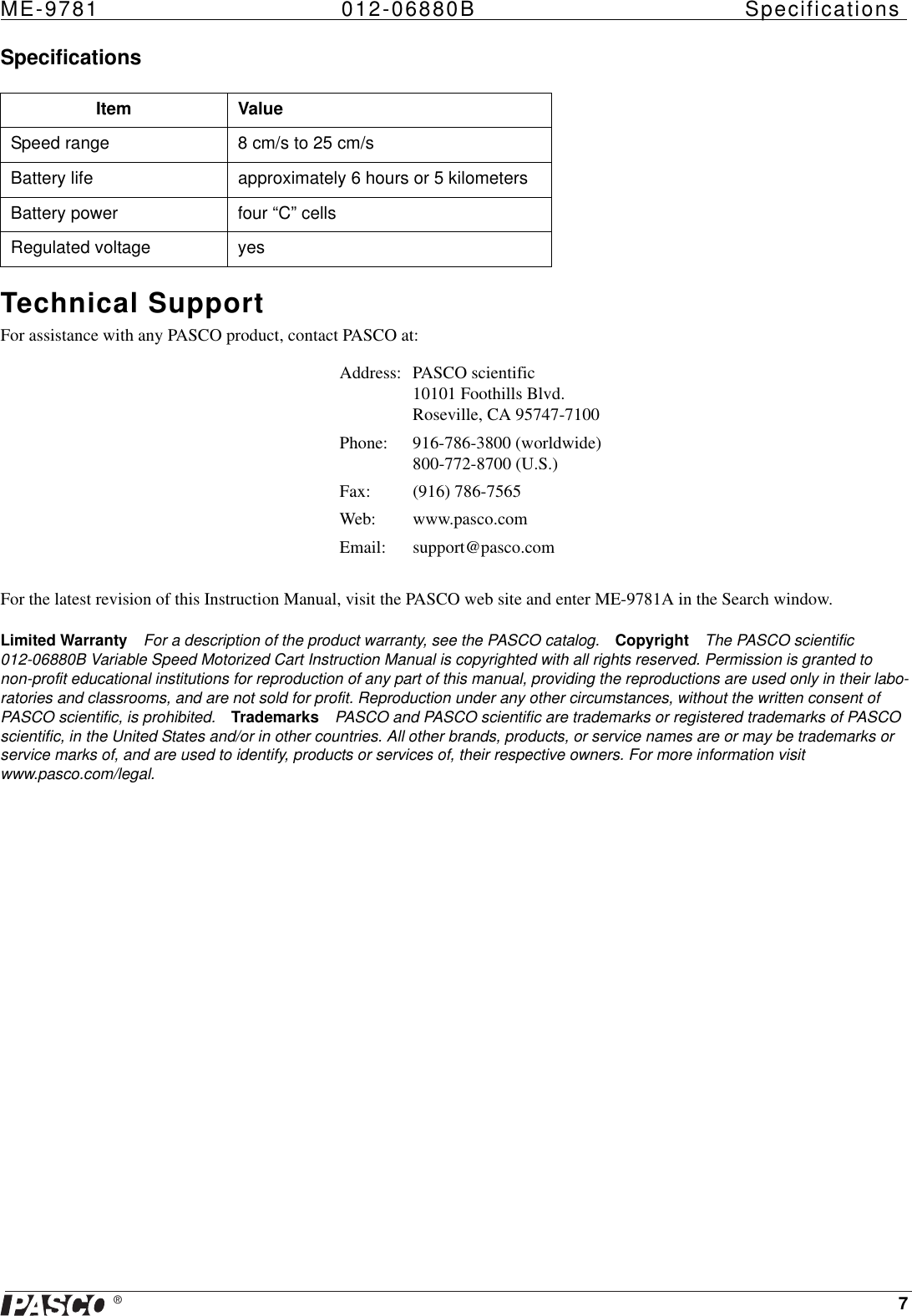 Page 7 of 7 - Pasco-Specialty-And-Mfg Pasco-Specialty-And-Mfg-Variable-Speed-Motorized-Cart-Me-9871-Users-Manual- 012-06880B ME-9781_TXT  Pasco-specialty-and-mfg-variable-speed-motorized-cart-me-9871-users-manual