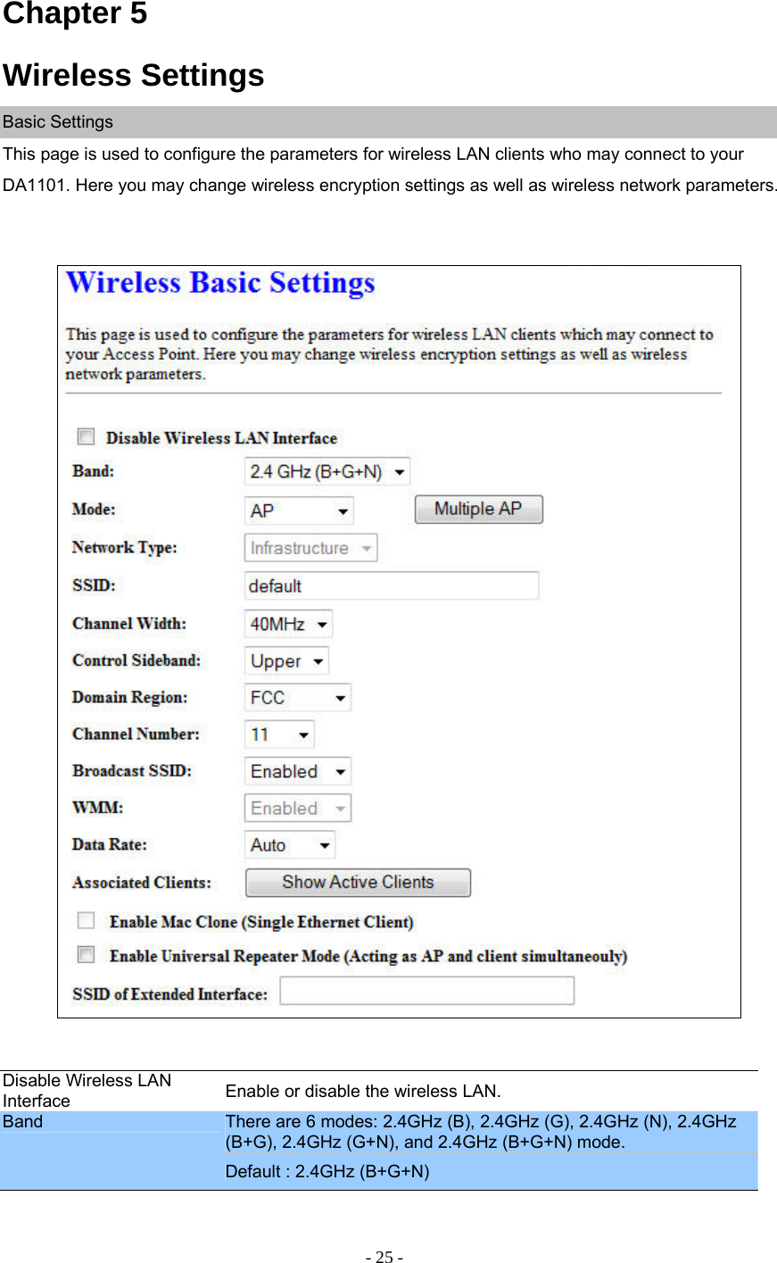 - 25 - Chapter 5 Wireless Settings Basic Settings This page is used to configure the parameters for wireless LAN clients who may connect to your DA1101. Here you may change wireless encryption settings as well as wireless network parameters.      Disable Wireless LAN Interface  Enable or disable the wireless LAN. Band  There are 6 modes: 2.4GHz (B), 2.4GHz (G), 2.4GHz (N), 2.4GHz (B+G), 2.4GHz (G+N), and 2.4GHz (B+G+N) mode. Default : 2.4GHz (B+G+N) 