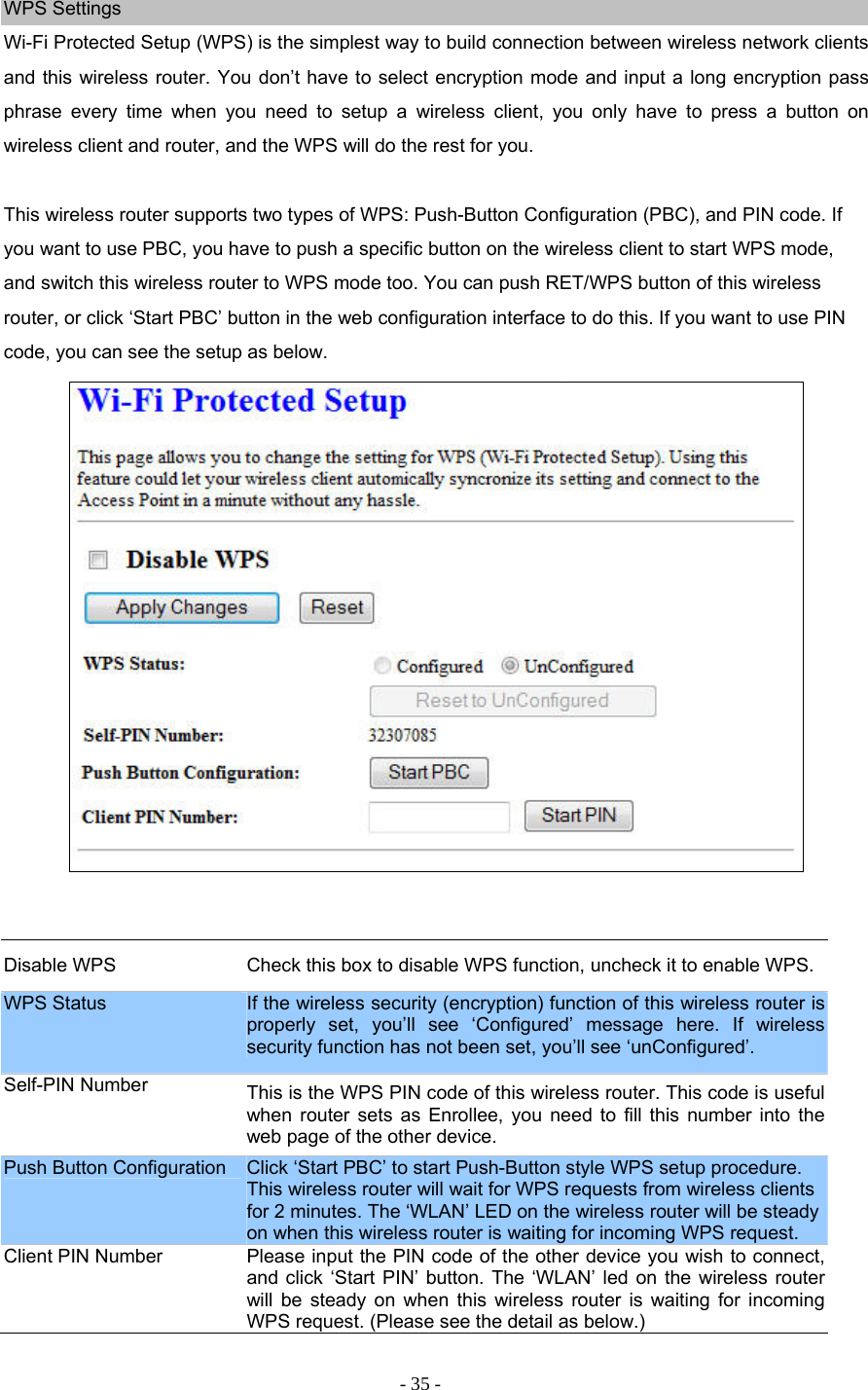 - 35 - WPS Settings Wi-Fi Protected Setup (WPS) is the simplest way to build connection between wireless network clients and this wireless router. You don’t have to select encryption mode and input a long encryption pass phrase every time when you need to setup a wireless client, you only have to press a button on wireless client and router, and the WPS will do the rest for you.  This wireless router supports two types of WPS: Push-Button Configuration (PBC), and PIN code. If you want to use PBC, you have to push a specific button on the wireless client to start WPS mode, and switch this wireless router to WPS mode too. You can push RET/WPS button of this wireless router, or click ‘Start PBC’ button in the web configuration interface to do this. If you want to use PIN code, you can see the setup as below.    Disable WPS  Check this box to disable WPS function, uncheck it to enable WPS. WPS Status  If the wireless security (encryption) function of this wireless router is properly set, you’ll see ‘Configured’ message here. If wireless security function has not been set, you’ll see ‘unConfigured’. Self-PIN Number  This is the WPS PIN code of this wireless router. This code is useful when router sets as Enrollee, you need to fill this number into the web page of the other device. Push Button Configuration  Click ‘Start PBC’ to start Push-Button style WPS setup procedure. This wireless router will wait for WPS requests from wireless clients for 2 minutes. The ‘WLAN’ LED on the wireless router will be steady on when this wireless router is waiting for incoming WPS request. Client PIN Number  Please input the PIN code of the other device you wish to connect, and click ‘Start PIN’ button. The ‘WLAN’ led on the wireless router will be steady on when this wireless router is waiting for incoming WPS request. (Please see the detail as below.) 