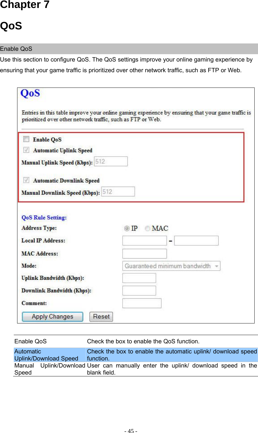 - 45 - Chapter 7 QoS  Enable QoS Use this section to configure QoS. The QoS settings improve your online gaming experience by ensuring that your game traffic is prioritized over other network traffic, such as FTP or Web.     Enable QoS  Check the box to enable the QoS function. Automatic Uplink/Download Speed Check the box to enable the automatic uplink/ download speed function. Manual Uplink/Download Speed User can manually enter the uplink/ download speed in the blank field.    