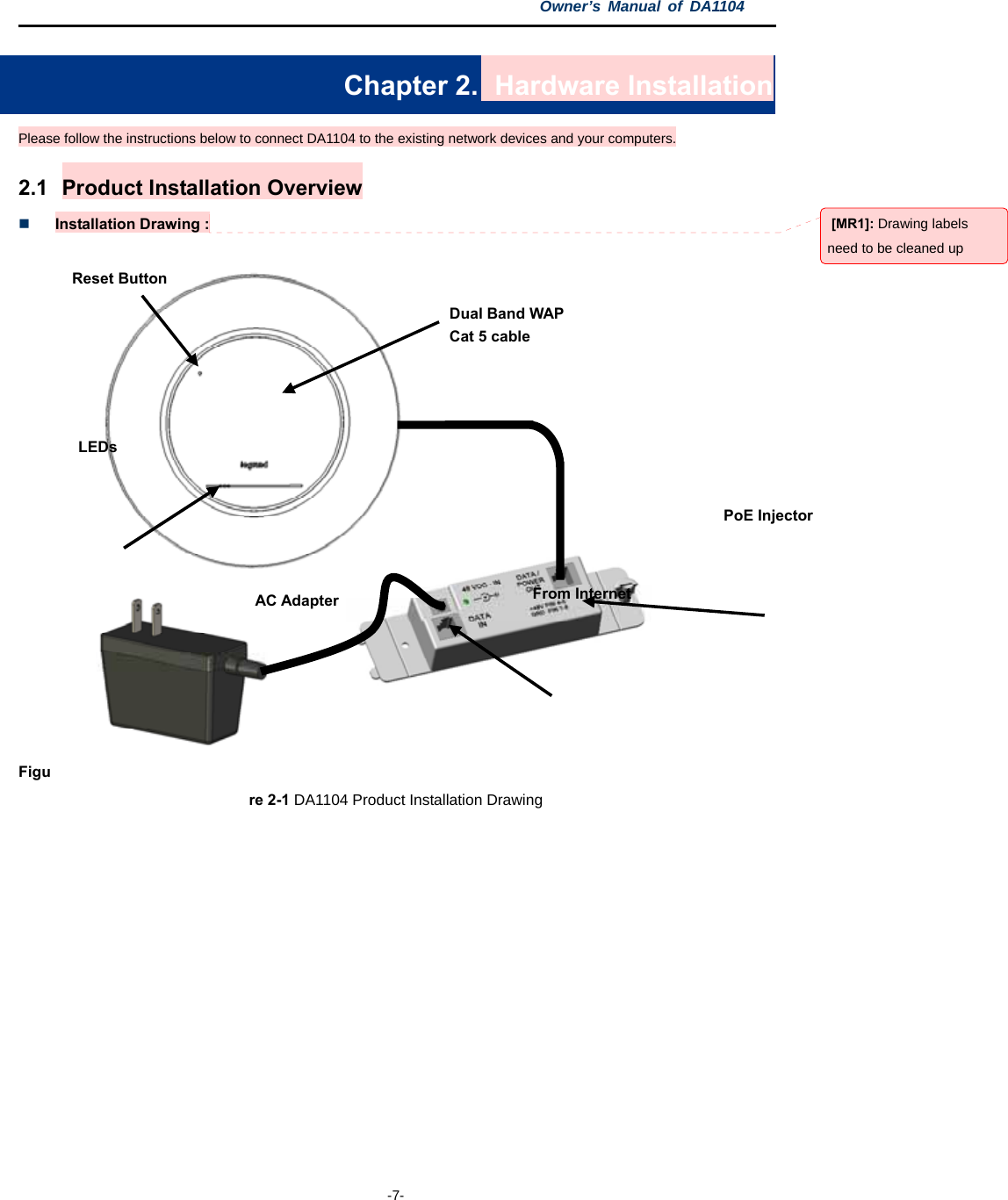 Owner’s Manual of DA1104  -7- Chapter 2.   Hardware Installation Please follow the instructions below to connect DA1104 to the existing network devices and your computers. 2.1 Product Installation Overview  Installation Drawing :              Figure 2-1 DA1104 Product Installation Drawing   Reset Button Dual Band WAP LEDs  From Internet  AC Adapter  PoE Injector  Cat 5 cable  [MR1]: Drawing labels need to be cleaned up 