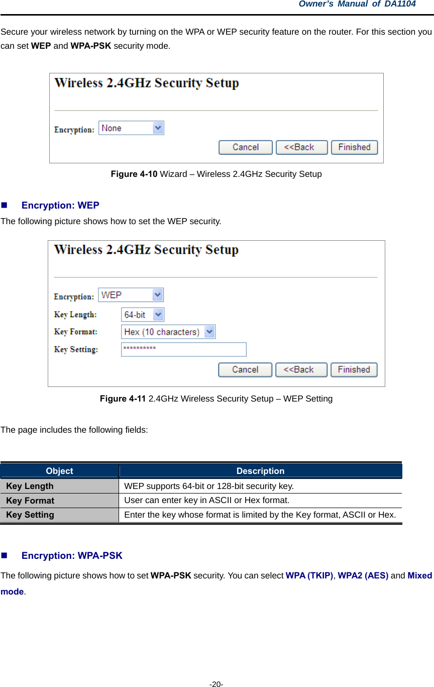 Owner’s Manual of DA1104  -20- Secure your wireless network by turning on the WPA or WEP security feature on the router. For this section you can set WEP and WPA-PSK security mode.   Figure 4-10 Wizard – Wireless 2.4GHz Security Setup   Encryption: WEP The following picture shows how to set the WEP security.  Figure 4-11 2.4GHz Wireless Security Setup – WEP Setting  The page includes the following fields:  Object  Description Key Length  WEP supports 64-bit or 128-bit security key. Key Format  User can enter key in ASCII or Hex format. Key Setting  Enter the key whose format is limited by the Key format, ASCII or Hex.   Encryption: WPA-PSK The following picture shows how to set WPA-PSK security. You can select WPA (TKIP), WPA2 (AES) and Mixed mode.  