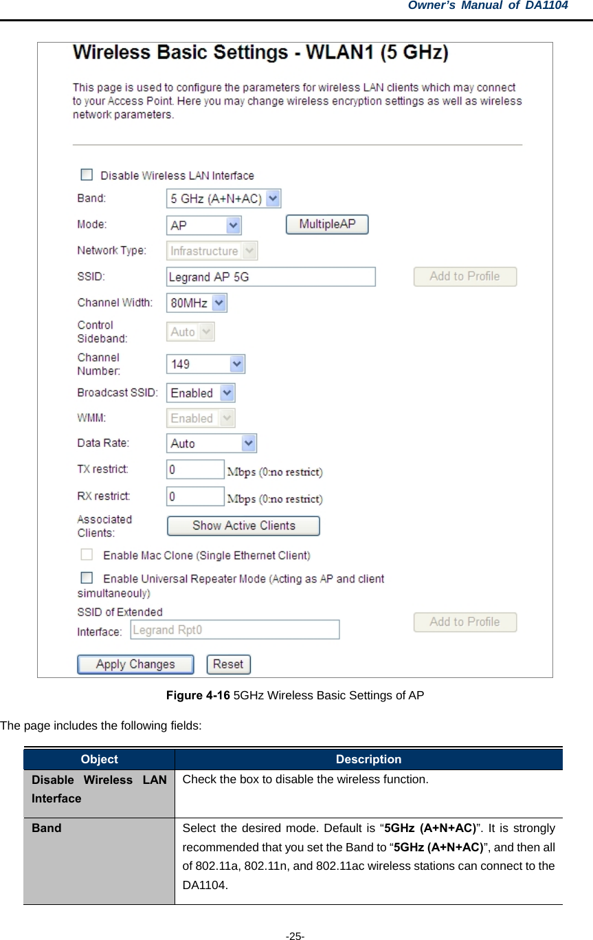 Owner’s Manual of DA1104  -25-  Figure 4-16 5GHz Wireless Basic Settings of AP The page includes the following fields: Object  Description Disable Wireless LAN Interface Check the box to disable the wireless function. Band  Select the desired mode. Default is “5GHz (A+N+AC)”. It is strongly recommended that you set the Band to “5GHz (A+N+AC)”, and then all of 802.11a, 802.11n, and 802.11ac wireless stations can connect to the DA1104. 