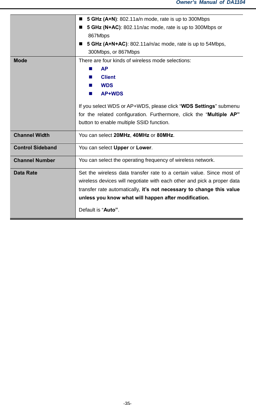 Owner’s Manual of DA1104  -35-  5 GHz (A+N): 802.11a/n mode, rate is up to 300Mbps  5 GHz (N+AC): 802.11n/ac mode, rate is up to 300Mbps or 867Mbps  5 GHz (A+N+AC): 802.11a/n/ac mode, rate is up to 54Mbps, 300Mbps, or 867Mbps Mode  There are four kinds of wireless mode selections:  AP  Client  WDS  AP+WDS If you select WDS or AP+WDS, please click “WDS Settings” submenu for the related configuration. Furthermore, click the “Multiple AP” button to enable multiple SSID function. Channel Width  You can select 20MHz, 40MHz or 80MHz. Control Sideband  You can select Upper or Lower. Channel Number  You can select the operating frequency of wireless network. Data Rate  Set the wireless data transfer rate to a certain value. Since most of wireless devices will negotiate with each other and pick a proper data transfer rate automatically, it’s not necessary to change this value unless you know what will happen after modification. Default is “Auto”.  