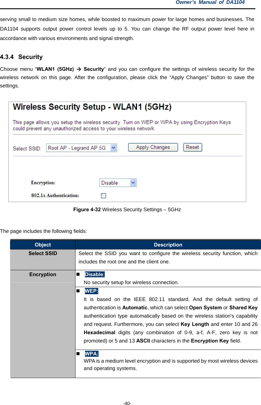 Owner’s Manual of DA1104  -40- serving small to medium size homes, while boosted to maximum power for large homes and businesses. The DA1104 supports output power control levels up to 5. You can change the RF output power level here in accordance with various environments and signal strength.  4.3.4 Security Choose menu “WLAN1 (5GHz)  Security” and you can configure the settings of wireless security for the wireless network on this page. After the configuration, please click the “Apply Changes” button to save the settings.   Figure 4-32 Wireless Security Settings – 5GHz  The page includes the following fields: Object  Description Select SSID  Select the SSID you want to configure the wireless security function, which includes the root one and the client one.  Disable: No security setup for wireless connection.  WEP: It is based on the IEEE 802.11 standard. And the default setting of authentication is Automatic, which can select Open System or Shared Key authentication type automatically based on the wireless station&apos;s capability and request. Furthermore, you can select Key Length and enter 10 and 26 Hexadecimal digits (any combination of 0-9, a-f, A-F, zero key is not promoted) or 5 and 13 ASCII characters in the Encryption Key field. Encryption  WPA: WPA is a medium level encryption and is supported by most wireless devices and operating systems. 