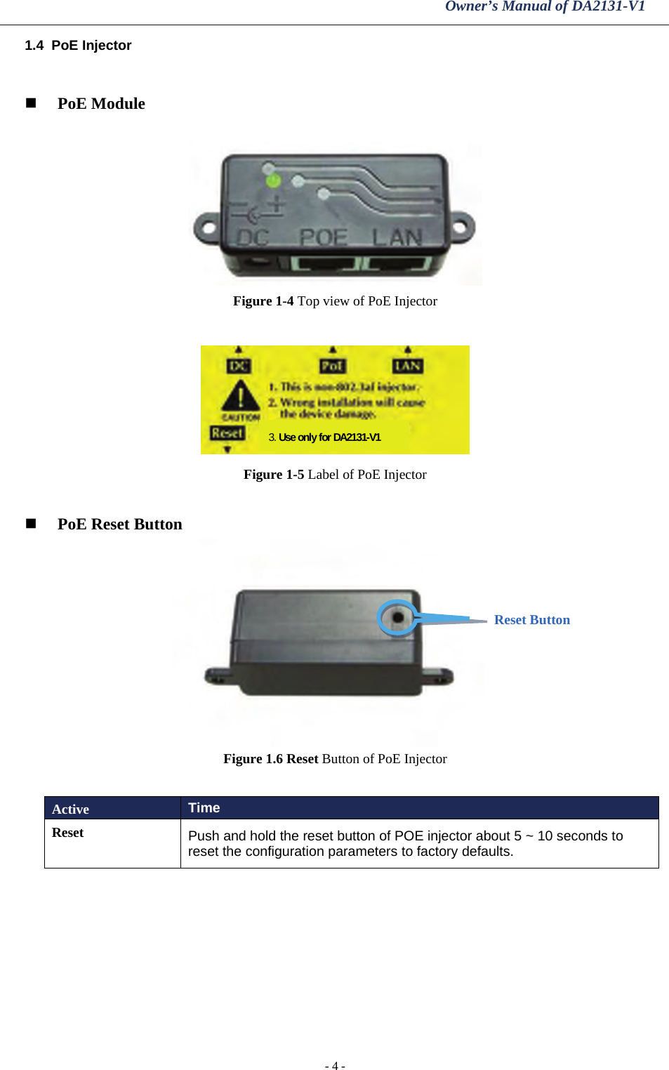 Owner’s Manual of DA2131-V1 - 4 - 1.4  PoE Injector   PoE Module   Figure 1-4 Top view of PoE Injector   Figure 1-5 Label of PoE Injector   PoE Reset Button Figure 1.6 Reset Button of PoE Injector  Active  Time Reset  Push and hold the reset button of POE injector about 5 ~ 10 seconds to reset the configuration parameters to factory defaults.    Reset Button 3. Use only for DA2131-V1 