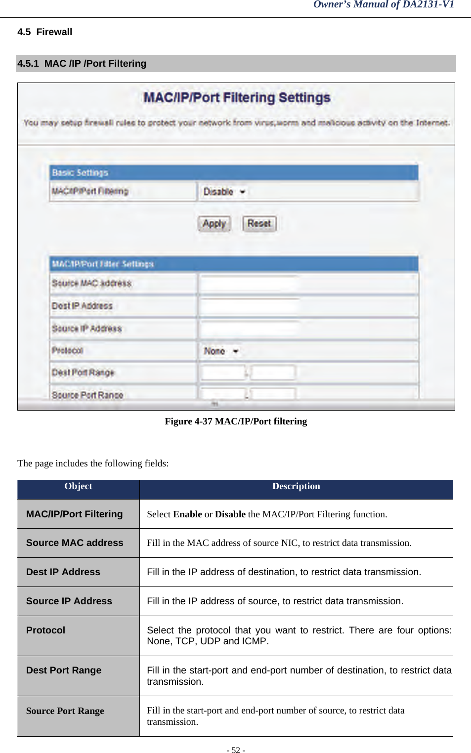 Owner’s Manual of DA2131-V1 - 52 - 4.5  Firewall 4.5.1  MAC /IP /Port Filtering    Figure 4-37 MAC/IP/Port filtering  The page includes the following fields: Object  Description MAC/IP/Port Filtering  Select Enable or Disable the MAC/IP/Port Filtering function. Source MAC address  Fill in the MAC address of source NIC, to restrict data transmission. Dest IP Address  Fill in the IP address of destination, to restrict data transmission. Source IP Address  Fill in the IP address of source, to restrict data transmission. Protocol  Select the protocol that you want to restrict. There are four options: None, TCP, UDP and ICMP. Dest Port Range  Fill in the start-port and end-port number of destination, to restrict data transmission. Source Port Range  Fill in the start-port and end-port number of source, to restrict data transmission. 