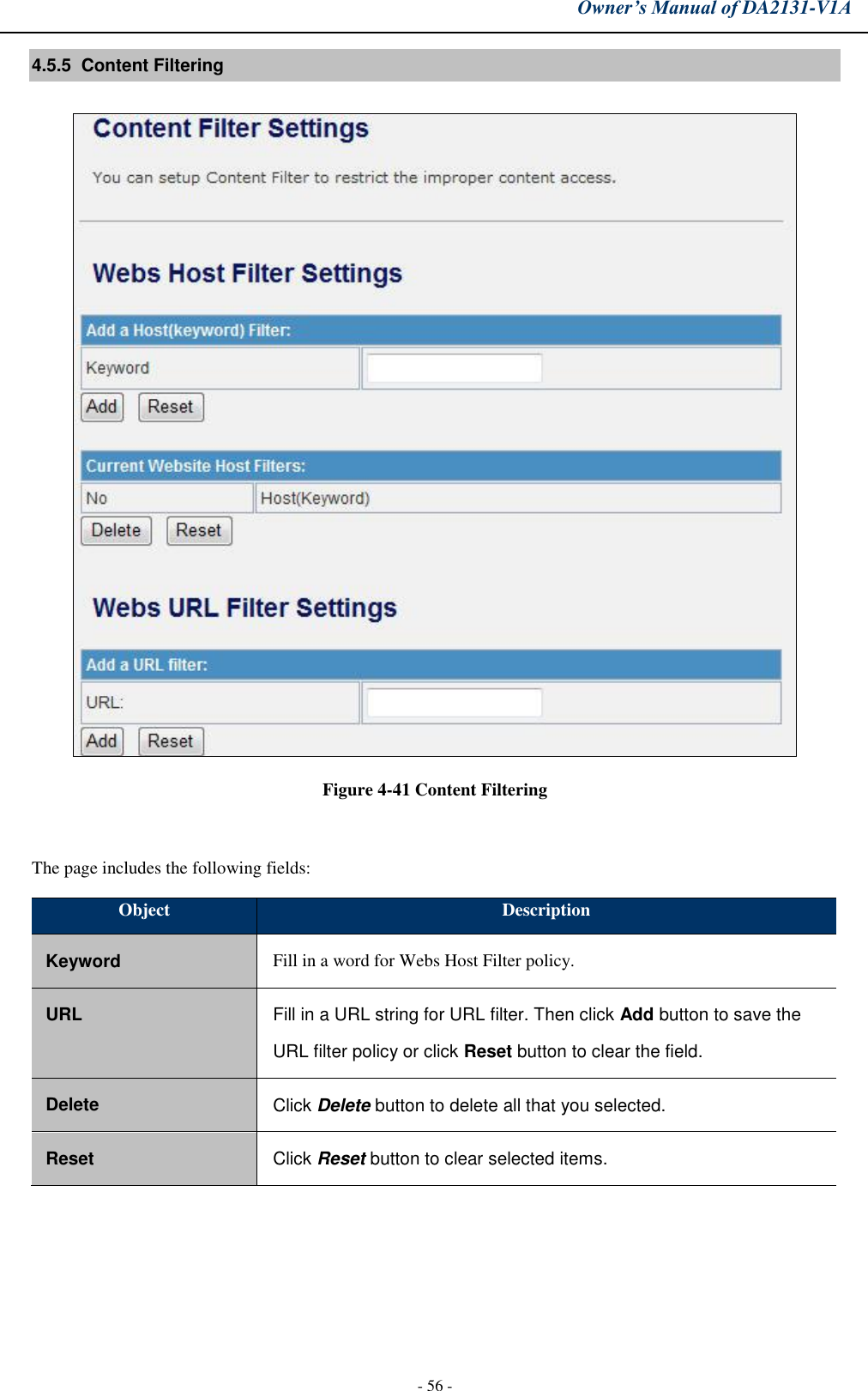 Owner’s Manual of DA2131-V1A - 56 - 4.5.5  Content Filtering Figure 4-41 Content Filtering The page includes the following fields: Object Description Keyword Fill in a word for Webs Host Filter policy. URL Fill in a URL string for URL filter. Then click Add button to save the URL filter policy or click Reset button to clear the field. Delete Click Delete button to delete all that you selected. Reset Click Reset button to clear selected items. 