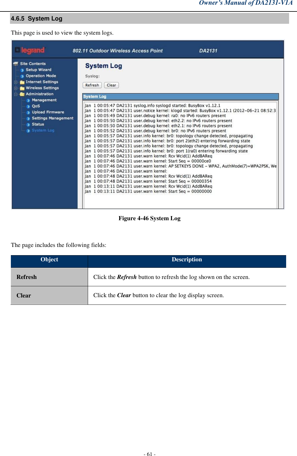 Owner’s Manual of DA2131-V1A - 61 - 4.6.5  System Log  This page is used to view the system logs. Figure 4-46 System Log The page includes the following fields: Object Description Refresh Click the Refresh button to refresh the log shown on the screen. Clear Click the Clear button to clear the log display screen. 