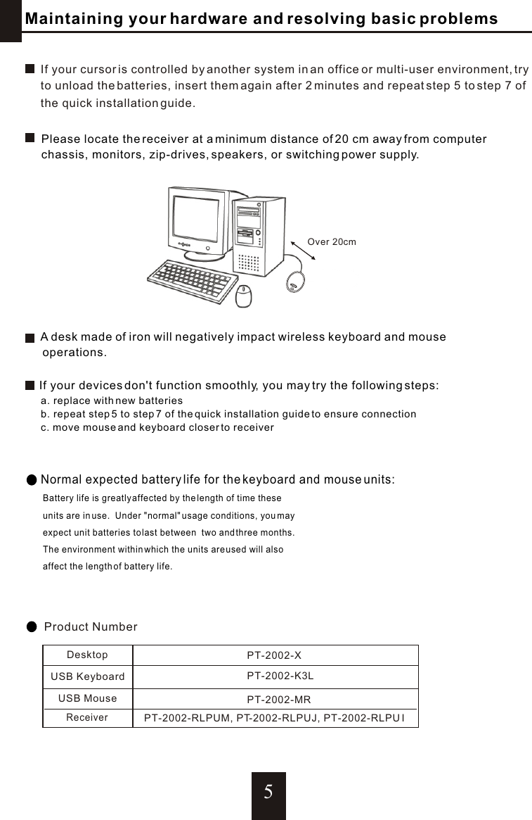 5Maintaining your hardware and resolving basic problemsA desk made of iron  will  negatively  impact  wireless  keyboard  and  mouse      operations.If your cursor is controlled by another system in an office or multi-user environment, try to unload the batteries, insert them again after 2 minutes and repeat step 5 to step 7 of the quick installation guide.Please locate the receiver at a minimum distance of 20 cm away from computer chassis, monitors, zip-drives, speakers, or switching power supply. Normal expected battery life for the keyboard and mouse units:       Battery life is greatly affected by the length of time these        units are in use.  Under &quot;normal&quot; usage conditions, you may        expect unit batteries to last between  two and three months.         The environment within which the units are used will also        affect the length of battery life.    If your devices don&apos;t function smoothly, you may try the following steps:a. replace with new batteriesb. repeat step 5 to step 7 of the quick installation guide to ensure connectionc. move mouse and keyboard closer to receiver Product NumberOver 20cmUSB KeyboardUSB MouseReceiverDesktop PT-2002-XPT-2002-K3LPT-2002-MRPT-2002-RLPUM, PT-2002-RLPUJ, PT-2002-RLPU I5