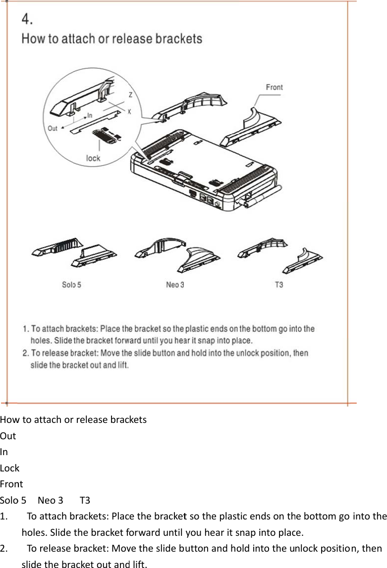 HowOutInLockFronSolo1.2.wtoattachorknto5Neo3Toattachbholes.SlideToreleaseslidethebrarreleasebracT3brackets:Placthebracketfbracket:Movacketoutandketsethebracketforwarduntilvetheslidebdlift.tsotheplastyouhearitsbuttonandhoticendsonthnapintoplacoldintotheuebottomgoce.nlockpositiointothen,then