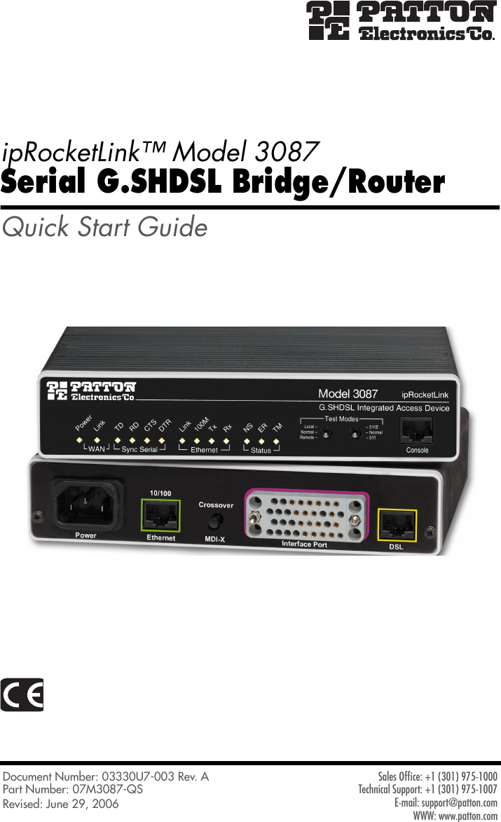 Page 1 of 10 - Patton-Electronic Patton-Electronic-Serial-G-Shdsl-Bridge-Router-3087-Users-Manual- 3087-QS  Patton-electronic-serial-g-shdsl-bridge-router-3087-users-manual