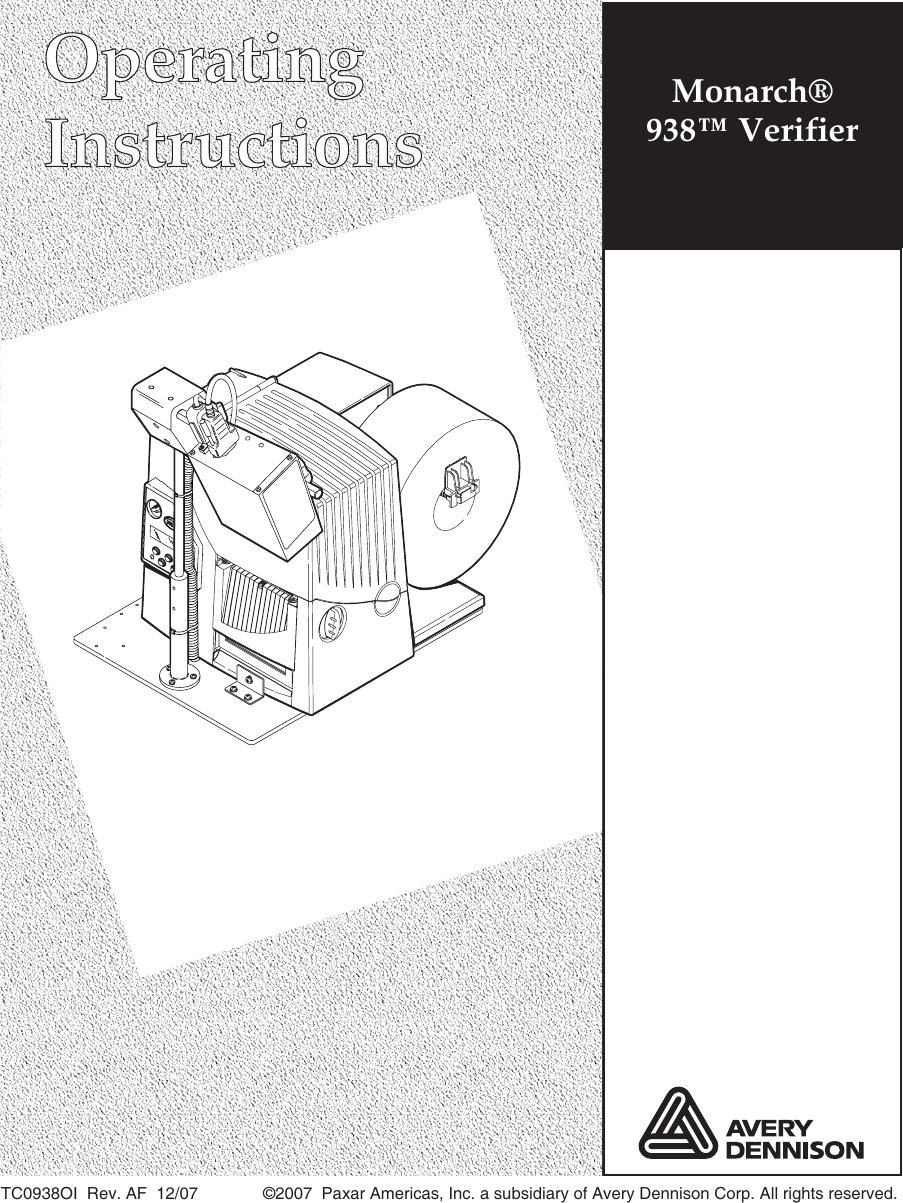 Paxar Monarch Verifier 938 Users Manual 938oi ae