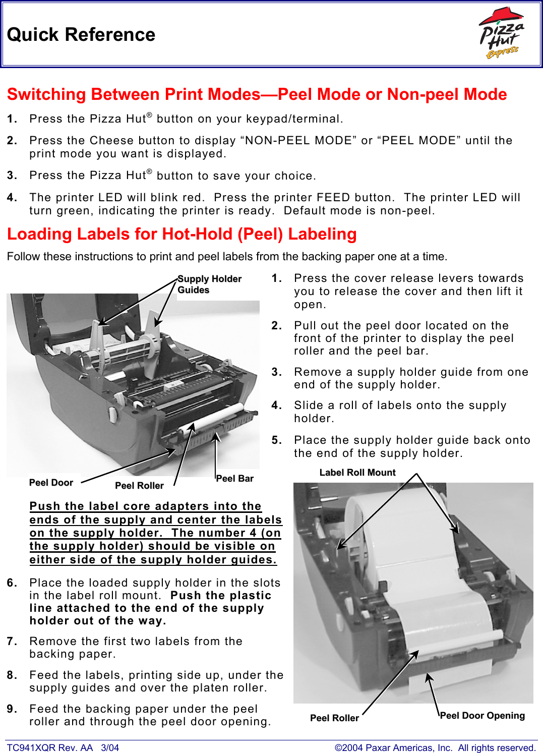 Page 1 of 2 - Paxar Paxar-Pizza-Hut-Tc941Xqr-Users-Manual- Pizza Hut  Paxar-pizza-hut-tc941xqr-users-manual