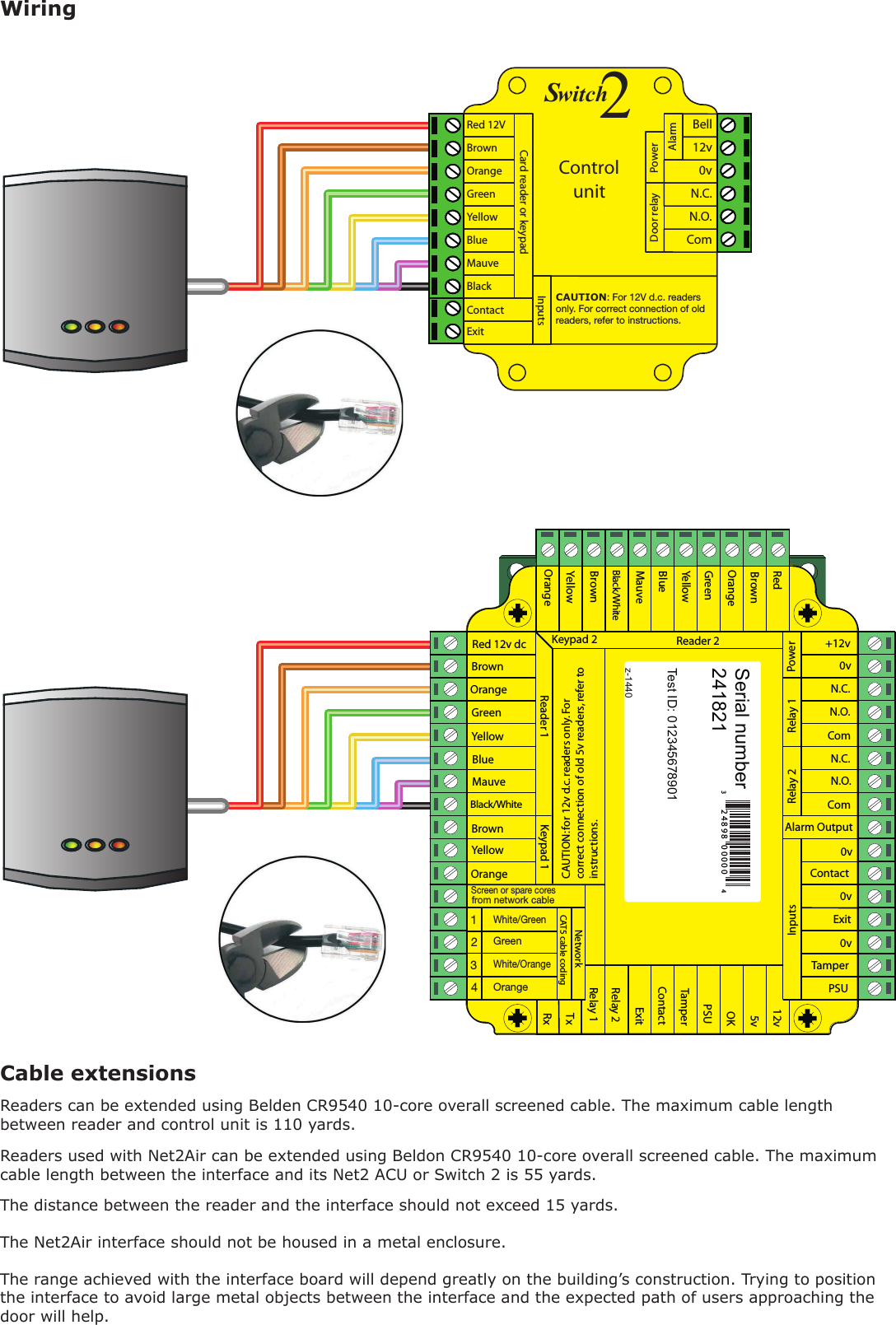 WiringCable extensionsReaders can be extended using Belden CR9540 10-core overall screened cable. The maximum cable length between reader and control unit is 110 yards.2EDVDC&quot;ROWN/RANGE&apos;REEN9ELLOW&quot;LUE-AUVE&quot;LACK7HITE&quot;ROWN9ELLOW2EADER/RANGE+EYPADVV.#./#OM.#./#OM!LARM/UTPUTV#ONTACTV%XITV4AMPER0352X4X2ELAY2ELAY%XIT#ONTACT4AMPER035/+VV2ED&quot;ROWN/RANGE&apos;REEN9ELLOW&quot;LUE-AUVE&quot;LACK7HITE&quot;ROWN9ELLOW/RANGE2EADER+EYPAD0OWER2ELAY2ELAY)NPUTS.ETWORK#!4CABLECODING7HITE&apos;REEN&apos;REEN7HITE/RANGE/RANGE3CREENORSPARECORESFROMNETWORKCABLE#!54)/.FORVDCREADERSONLY&amp;ORCORRECTCONNECTIONOFOLDVREADERSREFERTOINSTRUCTIONSSerial number241821Test ID: 012345678901z-1440          2ED6&quot;ROWN/RANGE&apos;REEN9ELLOW&quot;LUE-AUVE%XIT#ONTACT&quot;LACK#ARDREADERORKEYPADVV.#./#OM&quot;ELL0OWER$OORRELAY!LARMwitch2S#ONTROLUNIT)NPUTSCAUTION&amp;OR6DCREADERSONLY&amp;ORCORRECTCONNECTIONOFOLDREADERSREFERTOINSTRUCTIONSReaders used with Net2Air can be extended using Beldon CR9540 10-core overall screened cable. The maximum cable length between the interface and its Net2 ACU or Switch 2 is 55 yards.The distance between the reader and the interface should not exceed 15 yards.The Net2Air interface should not be housed in a metal enclosure.The range achieved with the interface board will depend greatly on the building’s construction. Trying to position the interface to avoid large metal objects between the interface and the expected path of users approaching the door will help.