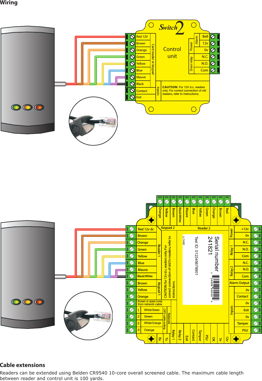 WiringCable extensionsReaders can be extended using Belden CR9540 10-core overall screened cable. The maximum cable length between reader and control unit is 100 yards.2EDVDC&quot;ROWN/RANGE&apos;REEN9ELLOW&quot;LUE-AUVE&quot;LACK7HITE&quot;ROWN9ELLOW2EADER/RANGE+EYPADVV.#./#OM.#./#OM!LARM/UTPUTV#ONTACTV%XITV4AMPER0352X4X2ELAY2ELAY%XIT#ONTACT4AMPER035/+VV2ED&quot;ROWN/RANGE&apos;REEN9ELLOW&quot;LUE-AUVE&quot;LACK7HITE&quot;ROWN9ELLOW/RANGE2EADER+EYPAD0OWER2ELAY2ELAY)NPUTS.ETWORK#!4CABLECODING7HITE&apos;REEN&apos;REEN7HITE/RANGE/RANGE3CREENORSPARECORESFROMNETWORKCABLE#!54)/.FORVDCREADERSONLY&amp;ORCORRECTCONNECTIONOFOLDVREADERSREFERTOINSTRUCTIONSSerial number241821Test ID: 012345678901z-1440          2ED6&quot;ROWN/RANGE&apos;REEN9ELLOW&quot;LUE-AUVE%XIT#ONTACT&quot;LACK#ARDREADERORKEYPADVV.#./#OM&quot;ELL0OWER$OORRELAY!LARMwitch2S#ONTROLUNIT)NPUTSCAUTION&amp;OR6DCREADERSONLY&amp;ORCORRECTCONNECTIONOFOLDREADERSREFERTOINSTRUCTIONS