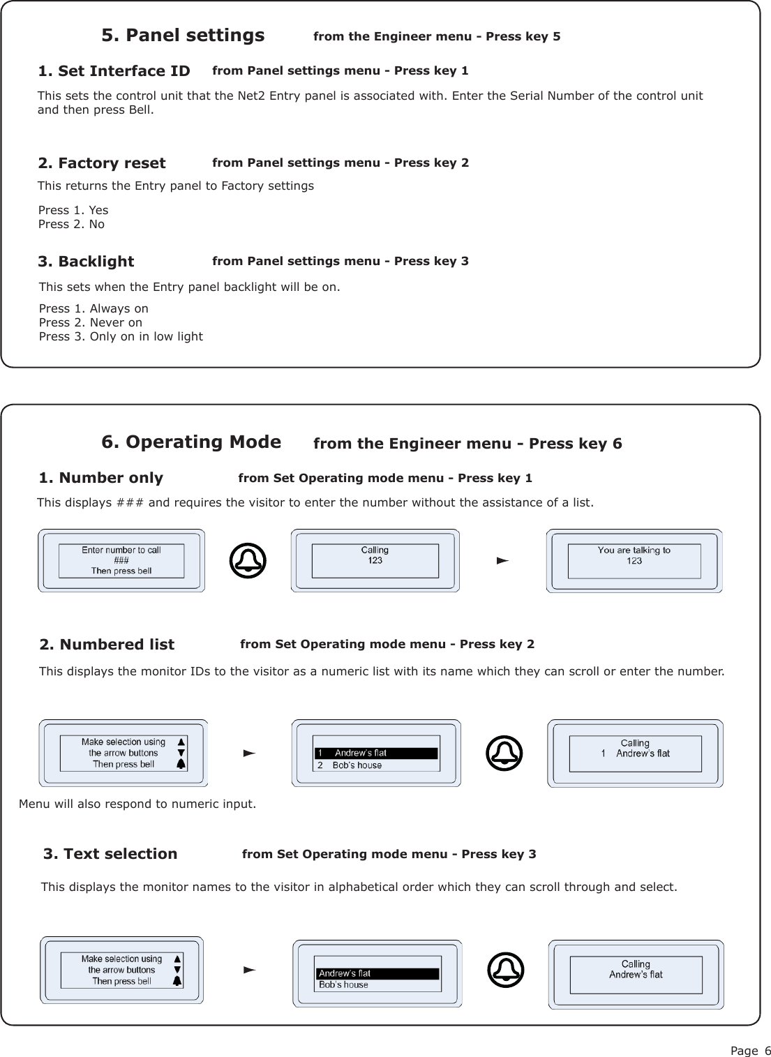 Page 61. Set Interface ID5. Panel settingsfrom Panel settings menu - Press key 1from the Engineer menu - Press key 5This sets the control unit that the Net2 Entry panel is associated with. Enter the Serial Number of the control unit and then press Bell.2. Factory resetPress 1. YesPress 2. NoThis returns the Entry panel to Factory settings3. BacklightThis sets when the Entry panel backlight will be on.Press 1. Always onPress 2. Never onPress 3. Only on in low light from Panel settings menu - Press key 2from Panel settings menu - Press key 31. Number only6. Operating Modefrom Set Operating mode menu - Press key 1from the Engineer menu - Press key 6This displays ### and requires the visitor to enter the number without the assistance of a list.2. Numbered list3. Text selectionfrom Set Operating mode menu - Press key 2from Set Operating mode menu - Press key 3This displays the monitor IDs to the visitor as a numeric list with its name which they can scroll or enter the number.This displays the monitor names to the visitor in alphabetical order which they can scroll through and select.Menu will also respond to numeric input.