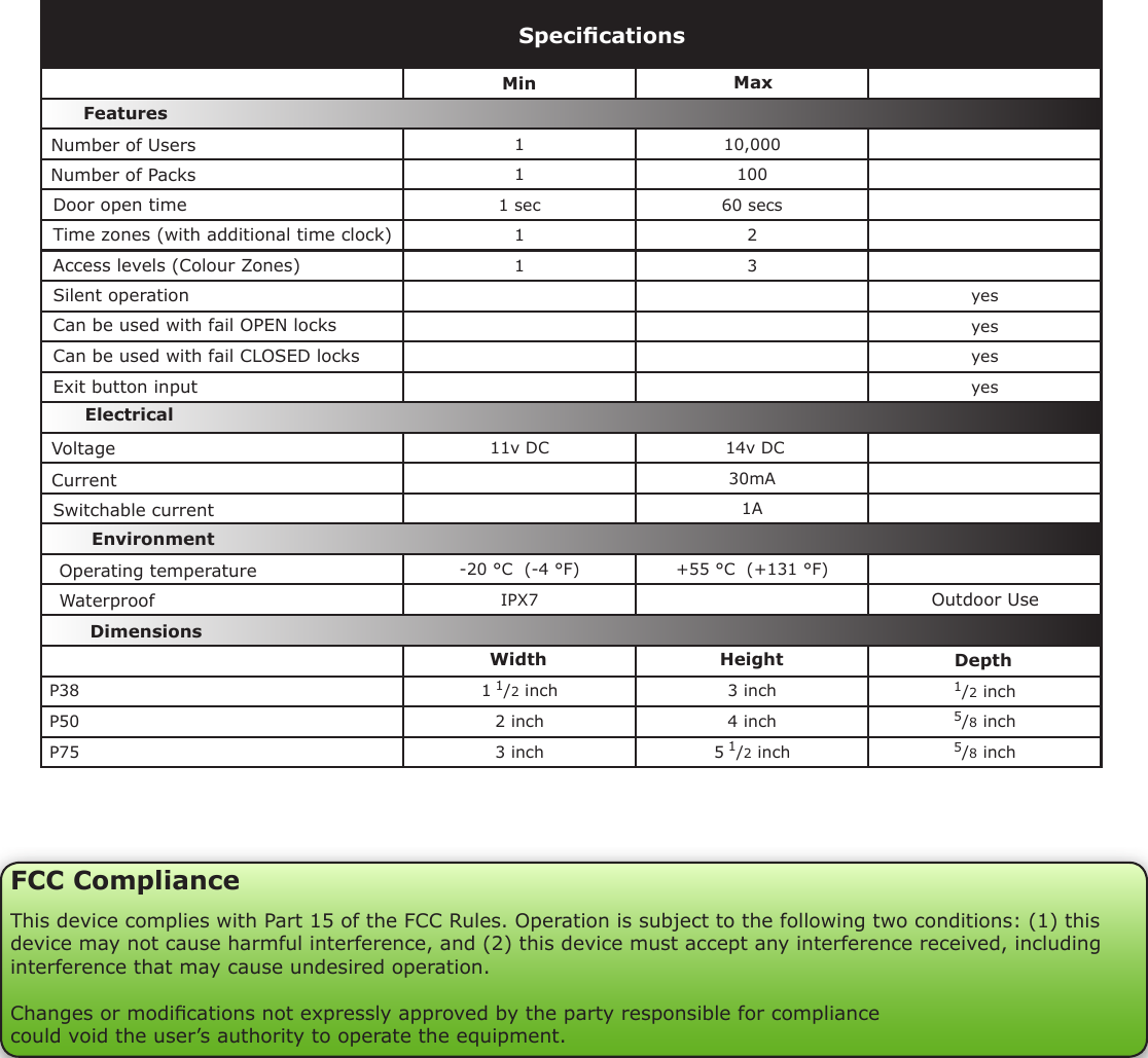 Voltage1 10,0001 1001 sec 60 secs1 21 3yes    yesyesyes11v DC   14v DC30mA1A-20 °C  (-4 °F) +55 °C  (+131 °F)IPX7P38 1 1/2 inch 3 inch 1/2 inchP50 2 inch 4 inch 5/8 inchP75 3 inch 5 1/2 inch 5/8 inchSpecicationsOperating temperatureElectricalEnvironment DimensionsMin MaxWidth Height DepthCurrentOutdoor Use FeaturesDoor open timeNumber of Packs Time zones (with additional time clock)Silent operationCan be used with fail OPEN locksCan be used with fail CLOSED locksExit button input WaterproofNumber of UsersAccess levels (Colour Zones)Switchable currentFCC ComplianceThis device complies with Part 15 of the FCC Rules. Operation is subject to the following two conditions: (1) this device may not cause harmful interference, and (2) this device must accept any interference received, including interference that may cause undesired operation. Changes or modications not expressly approved by the party responsible for compliancecould void the user’s authority to operate the equipment. 