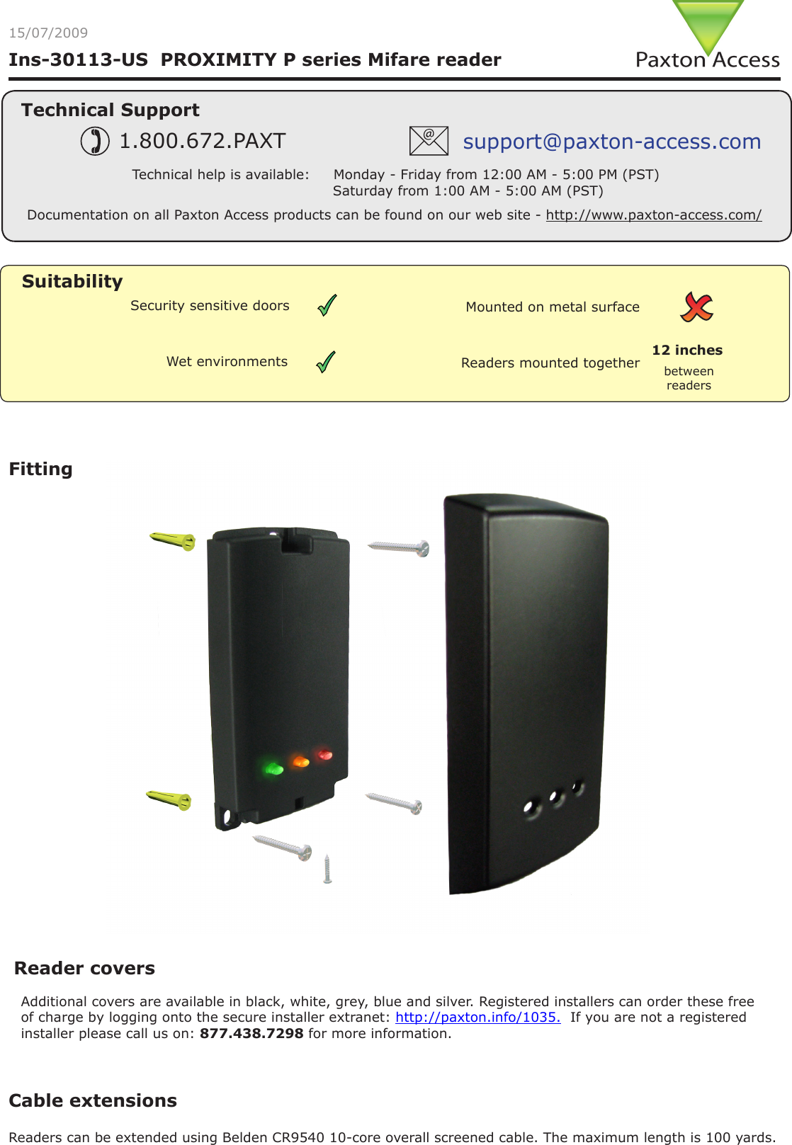 Paxton Access PROXIMITY P Mifare CSN Reader User Manual INSTRUCTION PROXIMITY P Series