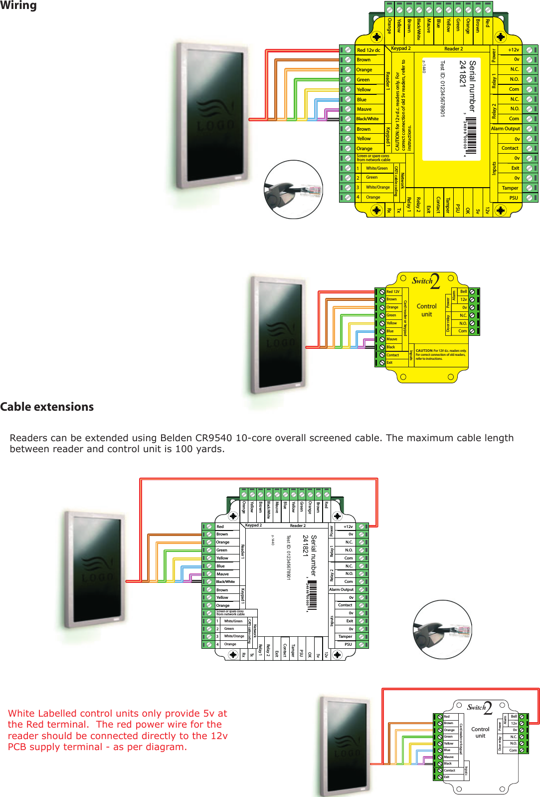 RedBrownOrangeGreenYellowBlueMauveBlack/WhiteBrownYellowReader 1OrangeKeypad 1+12v0vN.C.N.O.ComN.C.N.O.ComAlarm Output0vContact0vExit0vTamperPSURxTxRelay 1Relay 2ExitContactTamperPSUOK5v12vRedBrownOrangeGreenYellowBlueMauveBlack/WhiteBrownYellowOrangeReader 2Keypad 2PowerRelay 1Relay 2InputsNetworkCAT5 cable codingWhite/GreenGreenWhite/OrangeOrange1234Screen or spare coresfrom network cableSerial number 241821Test ID: 012345678901z-144032 4 8 9 8 0 0 0 0 04RedBrownOrangeGreenYellowBlueMauveExitContactBlackCard reader or keypad 12v 0vN.C.N.O.ComBellPowerDoor relayAlarmwitch2SControlunitInputsWhite Labelled control units only provide 5v at the Red terminal.  The red power wire for the reader should be connected directly to the 12v PCB supply terminal - as per diagram.Cable extensionsRed 12v dcBrownOrangeGreenYellowBlueMauveBlack/WhiteBrownYellowReader 1OrangeKeypad 1+12v0vN.C.N.O.ComN.C.N.O.ComAlarm Output0vContact0vExit0vTamperPSURxTxRelay 1Relay 2ExitContactTamperPSUOK5v12vRedBrownOrangeGreenYellowBlueMauveBlack/WhiteBrownYellowOrangeReader 2Keypad 2PowerRelay 1Relay 2InputsNetworkCAT5 cable codingWhite/GreenGreenWhite/OrangeOrange1234Screen or spare coresfrom network cableCAUTION: for 12v d.c. readers only. Forcorrect connection of old 5v readers, refer to instructions.Serial number 241821Test ID: 012345678901z-144032 4 8 9 8 0 0 0 0 0 4Red 12VBrownOrangeGreenYellowBlueMauveExitContactBlackCard reader or keypad 12v 0vN.C.N.O.ComBellPowerDoor relayAlarmwitch2SControlunitInputsCAUTION: For 12V d.c. readers only. For correct connection of old readers, refer to instructions.Readers can be extended using Belden CR9540 10-core overall screened cable. The maximum cable length between reader and control unit is 100 yards.Wiring