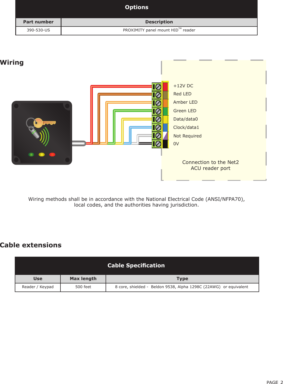 PAGE 2Cable extensionsWiringWiring methods shall be in accordance with the National Electrical Code (ANSI/NFPA70), local codes, and the authorities having jurisdiction.Use Max length TypeReader / Keypad 500 feet 8 core, shielded -  Beldon 9538, Alpha 1298C (22AWG)  or equivalentCable SpecicationPart number Description390-530-US PROXIMITY panel mount HIDTM readerOptionsConnection to the Net2 ACU reader port+12V DCRed LED Amber LED Green LED Clock/data1 Data/data0Not Required0V