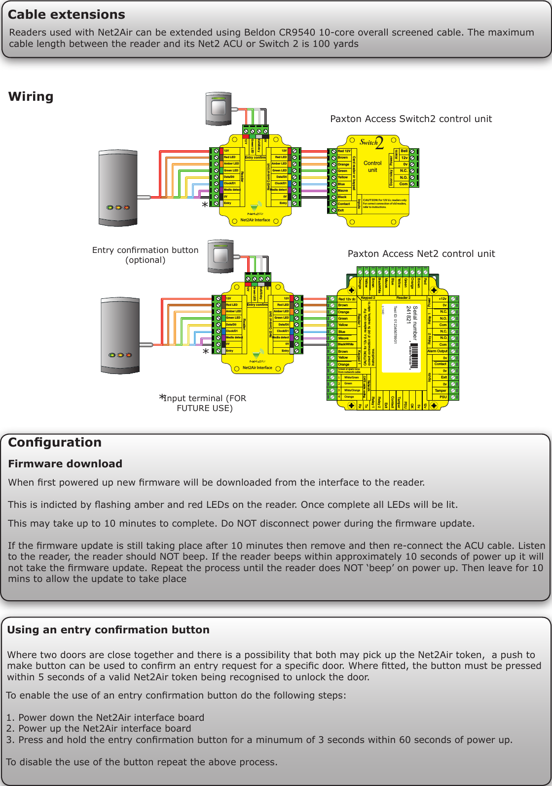 Wiring2EDVDC&quot;ROWN/RANGE&apos;REEN9ELLOW&quot;LUE-AUVE&quot;LACK7HITE&quot;ROWN9ELLOW2EADER/RANGE+EYPADVV.#./#OM.#./#OM!LARM/UTPUTV#ONTACTV%XITV4AMPER0352X4X2ELAY2ELAY%XIT#ONTACT4AMPER035/+VV2ED&quot;ROWN/RANGE&apos;REEN9ELLOW&quot;LUE-AUVE&quot;LACK7HITE&quot;ROWN9ELLOW/RANGE2EADER+EYPAD0OWER2ELAY2ELAY)NPUTS.ETWORK#!4CABLECODING7HITE&apos;REEN&apos;REEN7HITE/RANGE/RANGE3CREENORSPARECORESFROMNETWORKCABLE#!54)/.FORVDCREADERSONLY&amp;ORCORRECTCONNECTIONOFOLDVREADERSREFERTOINSTRUCTIONSSerial number241821Test ID: 012345678901z-1440          62ED,%$!MBER,%$&apos;REEN,%$$ATA$#LOCK$-EDIADETECT%NTRY62EADER%NTRYCONFIRM62ED,%$!MBER,%$&apos;REEN,%$$ATA$#LOCK$-EDIADETECT%NTRY6.ET#ONTROL5NIT6%XIT%NTRY&apos;REEN,%$6.ET!IR)NTERFACE2ED6&quot;ROWN/RANGE&apos;REEN9ELLOW&quot;LUE-AUVE%XIT#ONTACT&quot;LACK#ARDREADERORKEYPADVV.#./#OM&quot;ELL0OWER$OORRELAY!LARMwitch2S#ONTROLUNIT)NPUTSCAUTION&amp;OR6DCREADERSONLY&amp;ORCORRECTCONNECTIONOFOLDREADERSREFERTOINSTRUCTIONS62ED,%$!MBER,%$&apos;REEN,%$$ATA$#LOCK$-EDIADETECT%NTRY62EADER%NTRYCONFIRM62ED,%$!MBER,%$&apos;REEN,%$$ATA$#LOCK$-EDIADETECT%NTRY6.ET#ONTROL5NIT6%XIT%NTRY&apos;REEN,%$6.ET!IR)NTERFACEEntry conrmation button(optional)Input terminal (FOR FUTURE USE)Paxton Access Net2 control unitReaders used with Net2Air can be extended using Beldon CR9540 10-core overall screened cable. The maximum cable length between the reader and its Net2 ACU or Switch 2 is 100 yardsCable extensionsUsing an entry conrmation buttonWhere two doors are close together and there is a possibility that both may pick up the Net2Air token,  a push to make button can be used to conrm an entry request for a specic door. Where tted, the button must be pressed within 5 seconds of a valid Net2Air token being recognised to unlock the door.CongurationFirmware downloadWhen rst powered up new rmware will be downloaded from the interface to the reader.This is indicted by ashing amber and red LEDs on the reader. Once complete all LEDs will be lit.This may take up to 10 minutes to complete. Do NOT disconnect power during the rmware update.If the rmware update is still taking place after 10 minutes then remove and then re-connect the ACU cable. Listen to the reader, the reader should NOT beep. If the reader beeps within approximately 10 seconds of power up it will not take the rmware update. Repeat the process until the reader does NOT ‘beep’ on power up. Then leave for 10 mins to allow the update to take placeTo enable the use of an entry conrmation button do the following steps:1. Power down the Net2Air interface board2. Power up the Net2Air interface board3. Press and hold the entry conrmation button for a minumum of 3 seconds within 60 seconds of power up.To disable the use of the button repeat the above process.**Paxton Access Switch2 control unit *