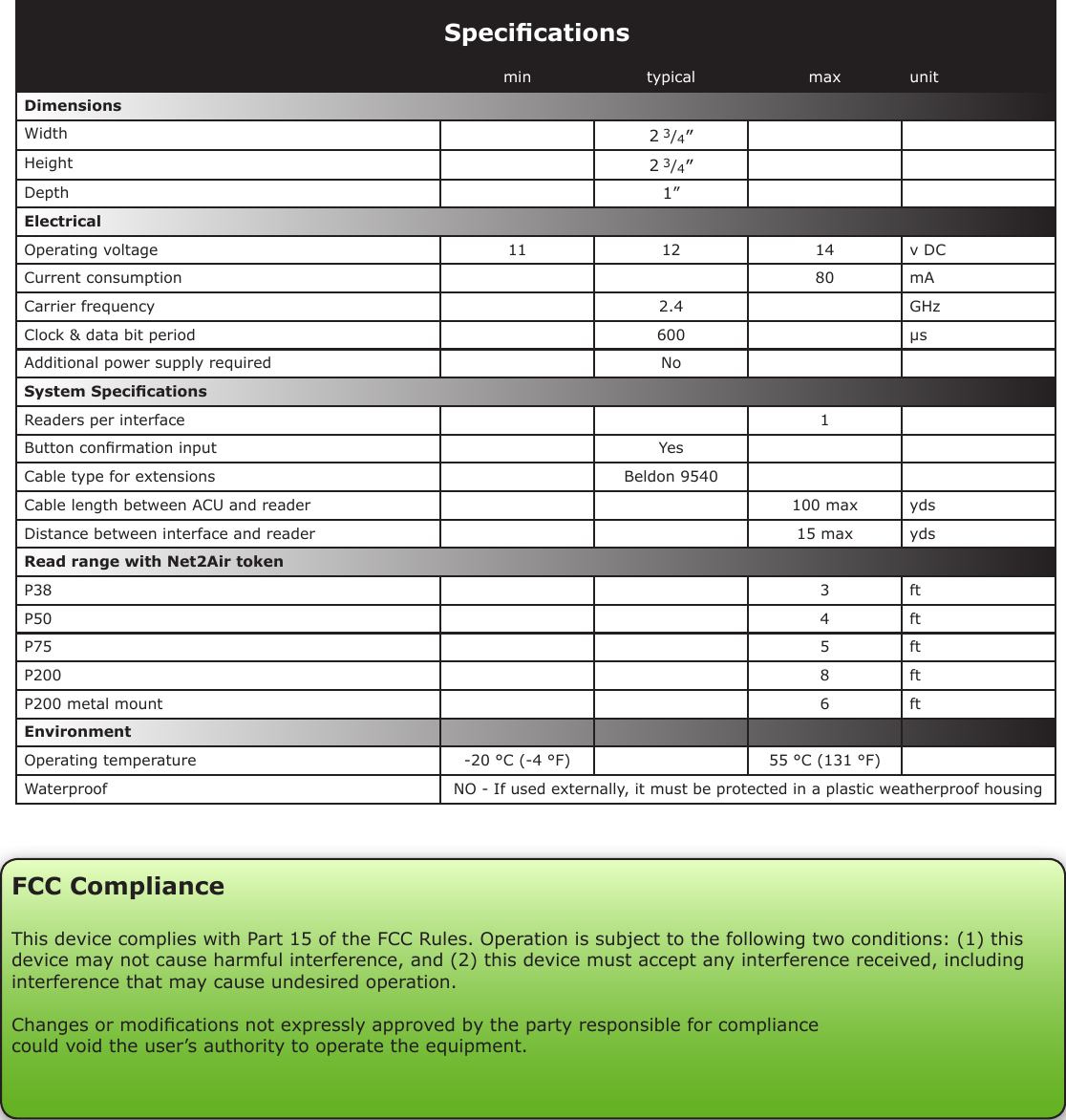 min typical max unitDimensionsWidth   2 3/4”Height 2 3/4” Depth 1”Electrical Operating voltage  11 12 14 v DCCurrent consumption    80 mACarrier frequency  2.4 GHz Clock &amp; data bit period  600 µsAdditional power supply required   No  System SpecicationsReaders per interface 1Button conrmation input YesCable type for extensions Beldon 9540Cable length between ACU and reader 100 max ydsDistance between interface and reader 15 max ydsRead range with Net2Air tokenP38 3 ftP50 4 ftP75 5 ftP200 8 ftP200 metal mount 6 ftEnvironmentOperating temperature -20 °C (-4 °F) 55 °C (131 °F)Waterproof NO - If used externally, it must be protected in a plastic weatherproof housingSpecicationsFCC ComplianceThis device complies with Part 15 of the FCC Rules. Operation is subject to the following two conditions: (1) this device may not cause harmful interference, and (2) this device must accept any interference received, including interference that may cause undesired operation. Changes or modications not expressly approved by the party responsible for compliancecould void the user’s authority to operate the equipment. 