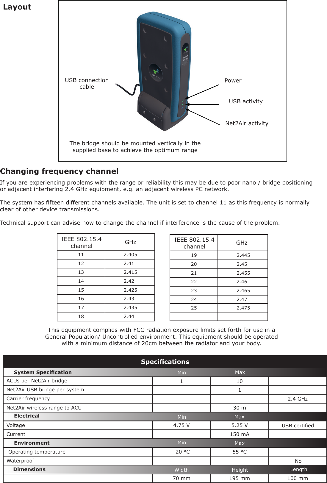 1 101  2.4 GHz30 m4.75 V 5.25 V 150 mA-20 °C 55 °C70 mm 195 mm 100 mmSpecicationsCarrier frequencyEnvironment DimensionsMin MaxWidth Height LengthSystem SpecicationVoltageElectricalCurrentWaterproofMin MaxMin MaxACUs per Net2Air bridgeNoNet2Air USB bridge per systemOperating temperatureNet2Air wireless range to ACUUSB certiedLayoutChanging frequency channelIf you are experiencing problems with the range or reliability this may be due to poor nano / bridge positioning or adjacent interfering 2.4 GHz equipment, e.g. an adjacent wireless PC network.  The system has fteen different channels available. The unit is set to channel 11 as this frequency is normally clear of other device transmissions. Technical support can advise how to change the channel if interference is the cause of the problem. 11 2.40512 2.4113 2.41514 2.4215 2.42516 2.4317 2.43518 2.44GHzIEEE 802.15.4 channel 19 2.44520 2.4521 2.45522 2.4623 2.46524 2.4725 2.475IEEE 802.15.4 channelGHzUSB connection cablePowerUSB activityNet2Air activityThe bridge should be mounted vertically in the supplied base to achieve the optimum rangeThis equipment complies with FCC radiation exposure limits set forth for use in a General Population/ Uncontrolled environment. This equipment should be operated with a minimum distance of 20cm between the radiator and your body.