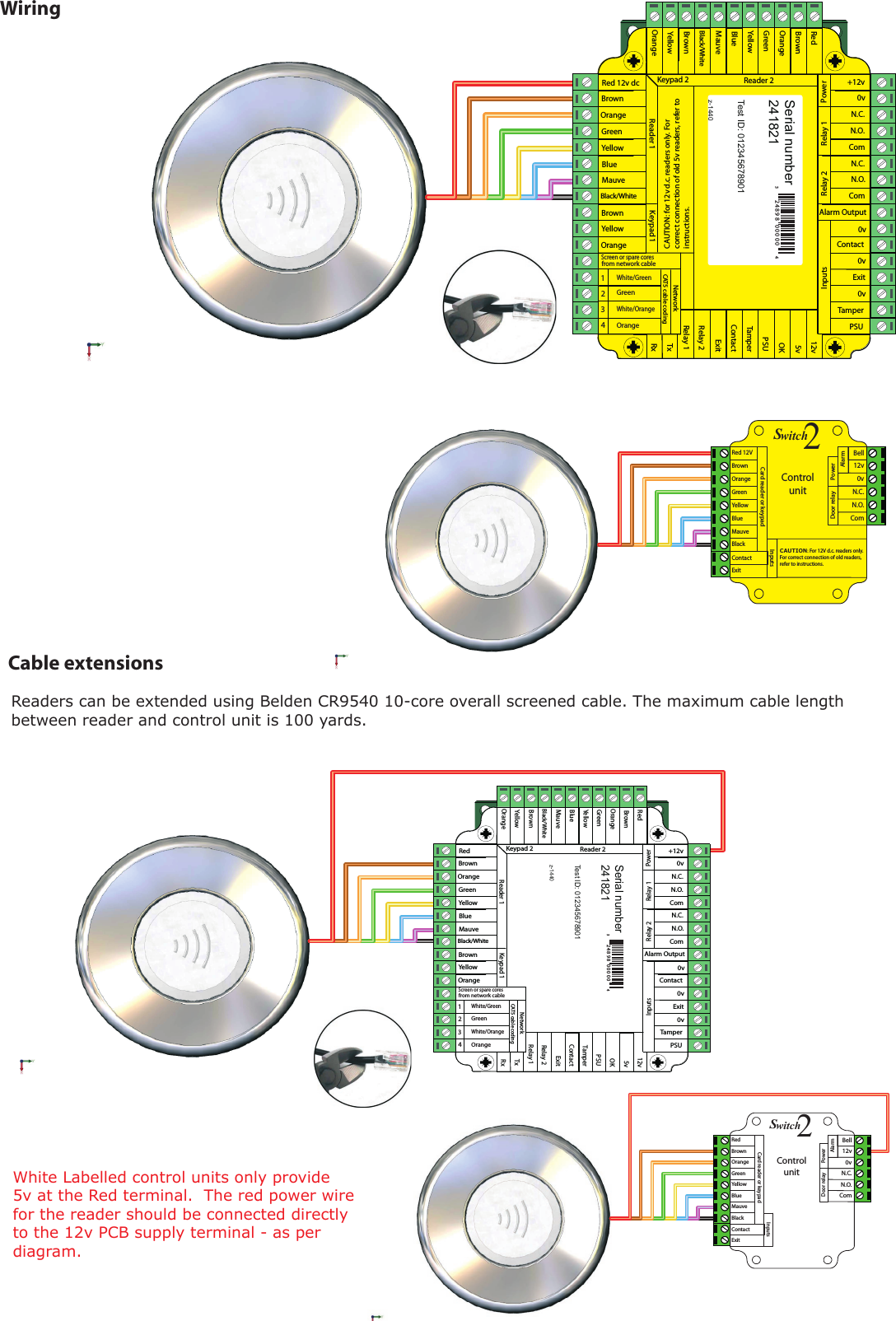 RedBrownOrangeGreenYellowBlueMauveBlack/WhiteBrownYellowReader 1OrangeKeypad 1+12v0vN.C.N.O.ComN.C.N.O.ComAlarm Output0vContact0vExit0vTamperPSURxTxRelay 1Relay 2ExitContactTamperPSUOK5v12vRedBrownOrangeGreenYellowBlueMauveBlack/WhiteBrownYellowOrangeReader 2Keypad 2PowerRelay 1Relay 2InputsNetworkCAT5 cable codingWhite/GreenGreenWhite/OrangeOrange1234Screen or spare coresfrom network cableSerial number 241821Test ID: 012345678901z-144032 4 8 9 8 0 0 0 0 04RedBrownOrangeGreenYellowBlueMauveExitContactBlackCard reader or keypad 12v 0vN.C.N.O.ComBellPowerDoor relayAlarmwitch2SControlunitInputsWhite Labelled control units only provide 5v at the Red terminal.  The red power wire for the reader should be connected directly to the 12v PCB supply terminal - as per diagram.Cable extensionsRed 12v dcBrownOrangeGreenYellowBlueMauveBlack/WhiteBrownYellowReader 1OrangeKeypad 1+12v0vN.C.N.O.ComN.C.N.O.ComAlarm Output0vContact0vExit0vTamperPSURxTxRelay 1Relay 2ExitContactTamperPSUOK5v12vRedBrownOrangeGreenYellowBlueMauveBlack/WhiteBrownYellowOrangeReader 2Keypad 2PowerRelay 1Relay 2InputsNetworkCAT5 cable codingWhite/GreenGreenWhite/OrangeOrange1234Screen or spare coresfrom network cableCAUTION: for 12v d.c. readers only. Forcorrect connection of old 5v readers, refer to instructions.Serial number 241821Test ID: 012345678901z-144032 4 8 9 8 0 0 0 0 04Red 12VBrownOrangeGreenYellowBlueMauveExitContactBlackCard reader or keypad 12v 0vN.C.N.O.ComBellPowerDoor relayAlarmwitch2SControlunitInputsCAUTION: For 12V d.c. readers only. For correct connection of old readers, refer to instructions.Readers can be extended using Belden CR9540 10-core overall screened cable. The maximum cable length between reader and control unit is 100 yards.Wiring