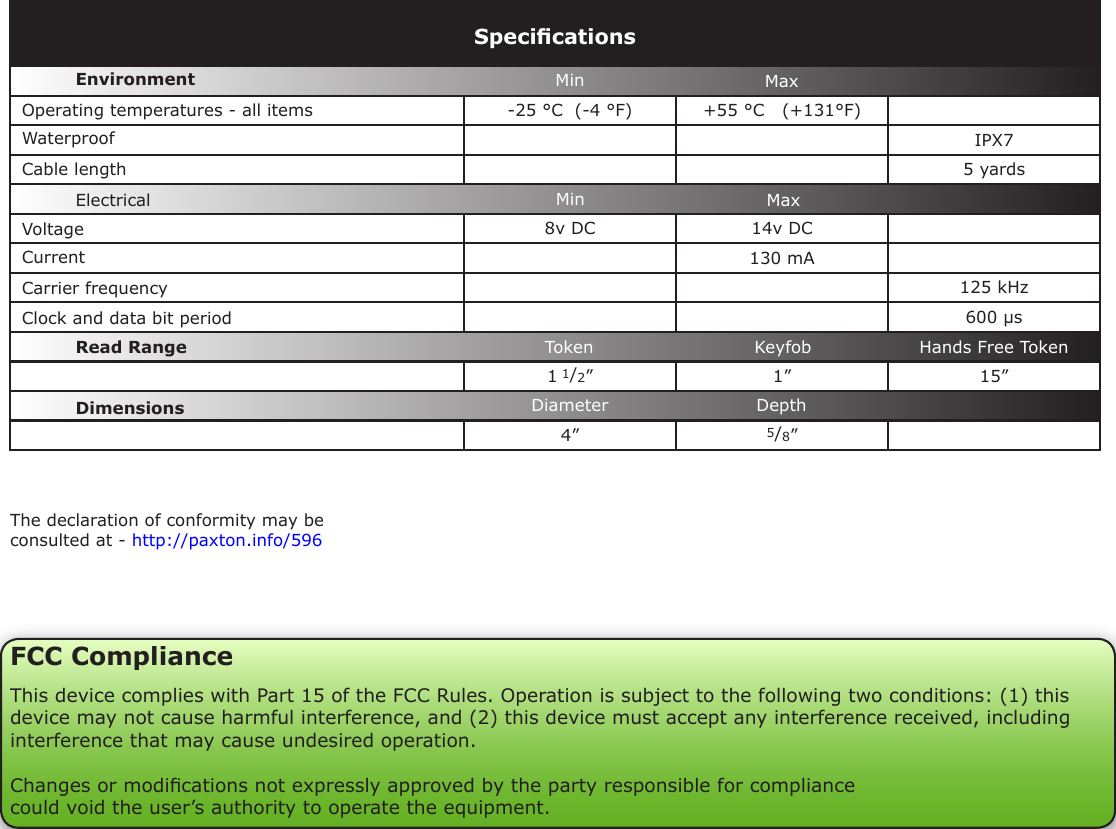 -25 °C  (-4 °F) +55 °C   (+131°F)IPX75 yards8v DC 14v DC  130 mA125 kHz600 µs1 1/2” 1” 15”4” 5/8”VoltageClock and data bit period Carrier frequencySpecicationsOperating temperatures - all itemsElectricalEnvironment CurrentCable lengthRead Range Token KeyfobWaterproofDimensionsMinDiameterMaxMin MaxDepthHands Free TokenThe declaration of conformity may be consulted at - http://paxton.info/596FCC ComplianceThis device complies with Part 15 of the FCC Rules. Operation is subject to the following two conditions: (1) this device may not cause harmful interference, and (2) this device must accept any interference received, including interference that may cause undesired operation. Changes or modications not expressly approved by the party responsible for compliancecould void the user’s authority to operate the equipment. 