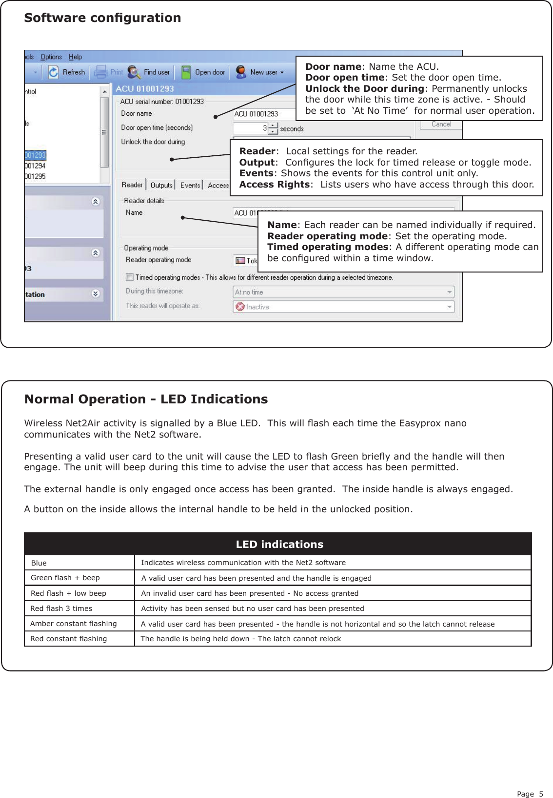 Page 5Wireless Net2Air activity is signalled by a Blue LED.  This will ash each time the Easyprox nano communicates with the Net2 software.Presenting a valid user card to the unit will cause the LED to ash Green briey and the handle will then engage. The unit will beep during this time to advise the user that access has been permitted.The external handle is only engaged once access has been granted.  The inside handle is always engaged.Normal Operation - LED IndicationsA button on the inside allows the internal handle to be held in the unlocked position.Software congurationName: Each reader can be named individually if required.Reader operating mode: Set the operating mode.Timed operating modes: A different operating mode can be congured within a time window.Reader:  Local settings for the reader.Output:  Congures the lock for timed release or toggle mode.Events: Shows the events for this control unit only.Access Rights:  Lists users who have access through this door. Door name: Name the ACU.Door open time: Set the door open time.Unlock the Door during: Permanently unlocks the door while this time zone is active. - Should be set to  ‘At No Time’  for normal user operation.BlueGreen ash + beepRed ash + low beepRed ash 3 timesAmber constant ashingRed constant ashingIndicates wireless communication with the Net2 software  A valid user card has been presented and the handle is engagedAn invalid user card has been presented - No access grantedActivity has been sensed but no user card has been presentedA valid user card has been presented - the handle is not horizontal and so the latch cannot releaseThe handle is being held down - The latch cannot relock LED indications