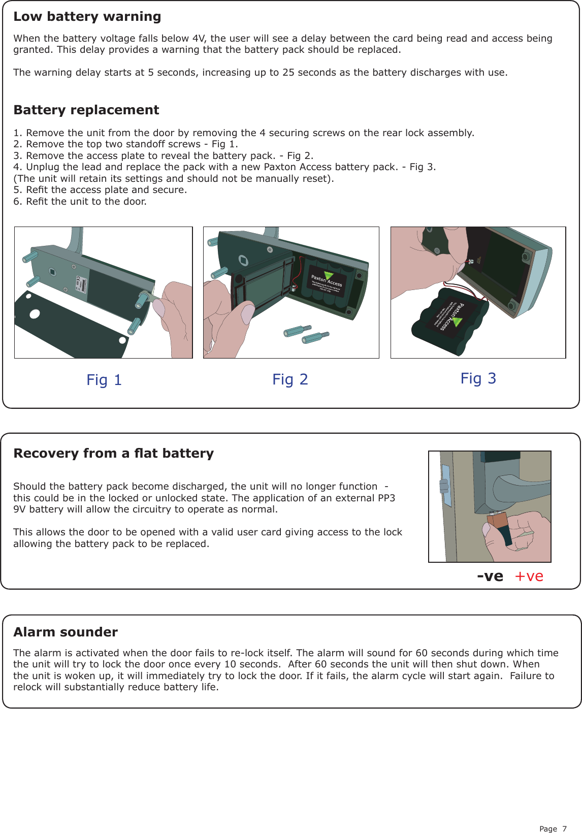 Page 7Battery replacement1. Remove the unit from the door by removing the 4 securing screws on the rear lock assembly.2. Remove the top two standoff screws - Fig 1.3. Remove the access plate to reveal the battery pack. - Fig 2.4. Unplug the lead and replace the pack with a new Paxton Access battery pack. - Fig 3.(The unit will retain its settings and should not be manually reset).5. Ret the access plate and secure.6. Ret the unit to the door.Fig 1 Fig 2 Fig 3Recovery from a at battery Should the battery pack become discharged, the unit will no longer function  - this could be in the locked or unlocked state. The application of an external PP3  9V battery will allow the circuitry to operate as normal. This allows the door to be opened with a valid user card giving access to the lock allowing the battery pack to be replaced.+ve-veWhen the battery voltage falls below 4V, the user will see a delay between the card being read and access being granted. This delay provides a warning that the battery pack should be replaced. The warning delay starts at 5 seconds, increasing up to 25 seconds as the battery discharges with use.Low battery warningAlarm sounderThe alarm is activated when the door fails to re-lock itself. The alarm will sound for 60 seconds during which time the unit will try to lock the door once every 10 seconds.  After 60 seconds the unit will then shut down. When the unit is woken up, it will immediately try to lock the door. If it fails, the alarm cycle will start again.  Failure to relock will substantially reduce battery life.