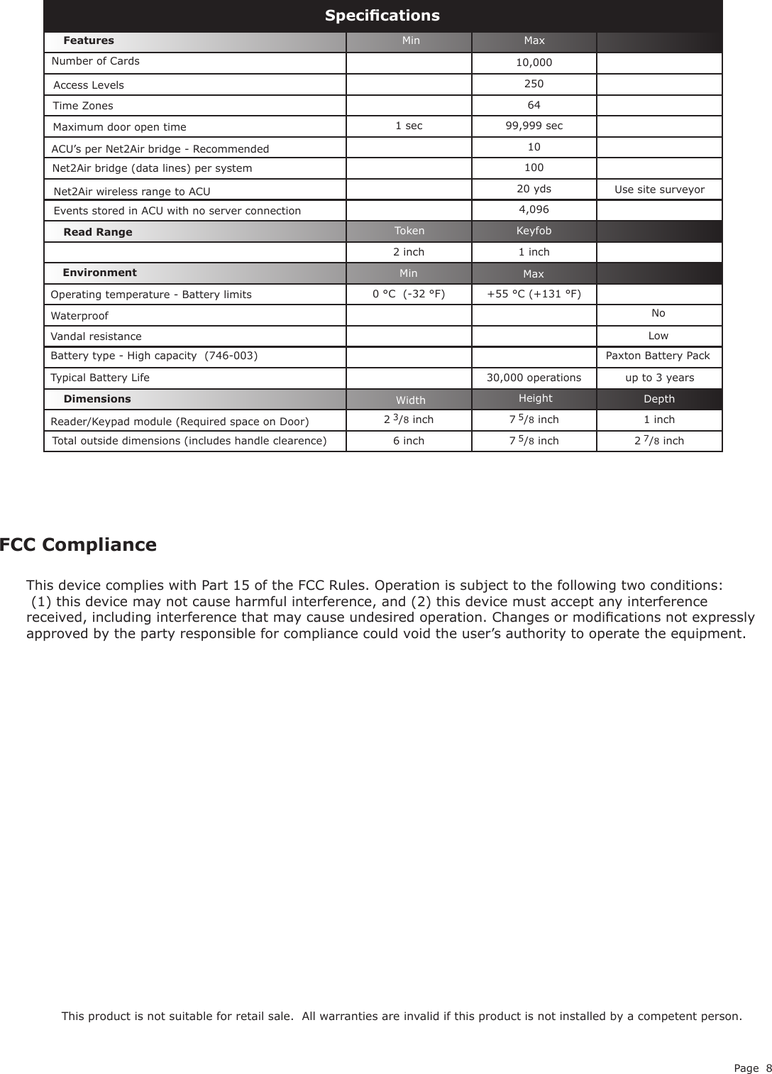 Page 810,000250641 sec 99,999 sec1010020 yds4,0962 inch 1 inch0 °C  (-32 °F) +55 °C (+131 °F)2 3/8 inch 7 5/8 inch 1 inch6 inch 7 5/8 inch 2 7/8 inchOperating temperature - Battery limitsEnvironment DimensionsFeaturesWaterproofMinWidth HeightMaxDepthMin MaxAccess LevelsTime ZonesMaximum door open time ACU’s per Net2Air bridge - RecommendedEvents stored in ACU with no server connectionNumber of CardsSpecicationsNoNet2Air bridge (data lines) per systemNet2Air wireless range to ACU30,000 operations  up to 3 yearsPaxton Battery PackLowReader/Keypad module (Required space on Door)Total outside dimensions (includes handle clearence) Battery type - High capacity  (746-003) Typical Battery LifeVandal resistanceRead Range KeyfobTokenThis product is not suitable for retail sale.  All warranties are invalid if this product is not installed by a competent person.Use site surveyorFCC ComplianceThis device complies with Part 15 of the FCC Rules. Operation is subject to the following two conditions: (1) this device may not cause harmful interference, and (2) this device must accept any interference received, including interference that may cause undesired operation. Changes or modications not expressly approved by the party responsible for compliance could void the user’s authority to operate the equipment. 