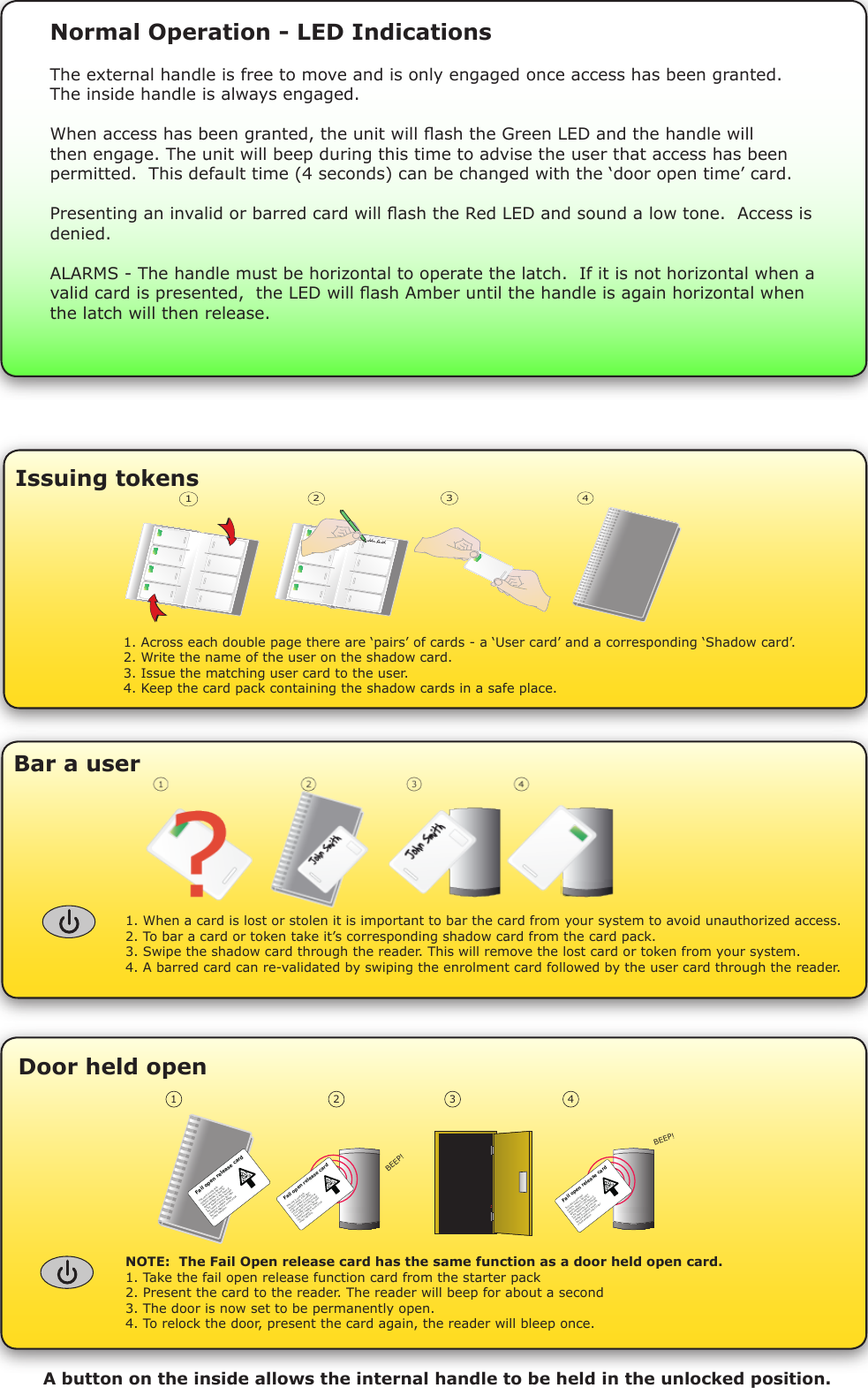 Issuing tokens1. Across each double page there are ‘pairs’ of cards - a ‘User card’ and a corresponding ‘Shadow card’.2. Write the name of the user on the shadow card.3. Issue the matching user card to the user.4. Keep the card pack containing the shadow cards in a safe place.1234Bar a user1. When a card is lost or stolen it is important to bar the card from your system to avoid unauthorized access.2. To bar a card or token take it’s corresponding shadow card from the card pack.3. Swipe the shadow card through the reader. This will remove the lost card or token from your system.4. A barred card can re-validated by swiping the enrolment card followed by the user card through the reader.Door held open A button on the inside allows the internal handle to be held in the unlocked position.NOTE:  The Fail Open release card has the same function as a door held open card.1. Take the fail open release function card from the starter pack2. Present the card to the reader. The reader will beep for about a second3. The door is now set to be permanently open.4. To relock the door, present the card again, the reader will bleep once.1 2 3 4BEEP! BEEP! Fail open release card This card is used with  systems where a fail open electric release is used for  safe operation in the event of  a fire. Swipe the card through  the reader to drive a fail open release or maglock. Swipe  the card again to revert to fail closed operation.   Fail open release card This card is used with  systems where a fail open electric release is used for  safe operation in the event of  a fire. Swipe the card through  the reader to drive a fail open release or maglock. Swipe  the card again to revert to failclosed operation.   Fail open release card This card is used with  systems where a fail open electric release is used for  safe operation in the event of  a fire. Swipe the card through  the reader to drive a fail openrelease or maglock. Swipethe card again to revert to fail closed operation.   The external handle is free to move and is only engaged once access has been granted.  The inside handle is always engaged.When access has been granted, the unit will ash the Green LED and the handle will then engage. The unit will beep during this time to advise the user that access has been permitted.  This default time (4 seconds) can be changed with the ‘door open time’ card.Presenting an invalid or barred card will ash the Red LED and sound a low tone.  Access is denied.ALARMS - The handle must be horizontal to operate the latch.  If it is not horizontal when a valid card is presented,  the LED will ash Amber until the handle is again horizontal when the latch will then release.Normal Operation - LED Indications